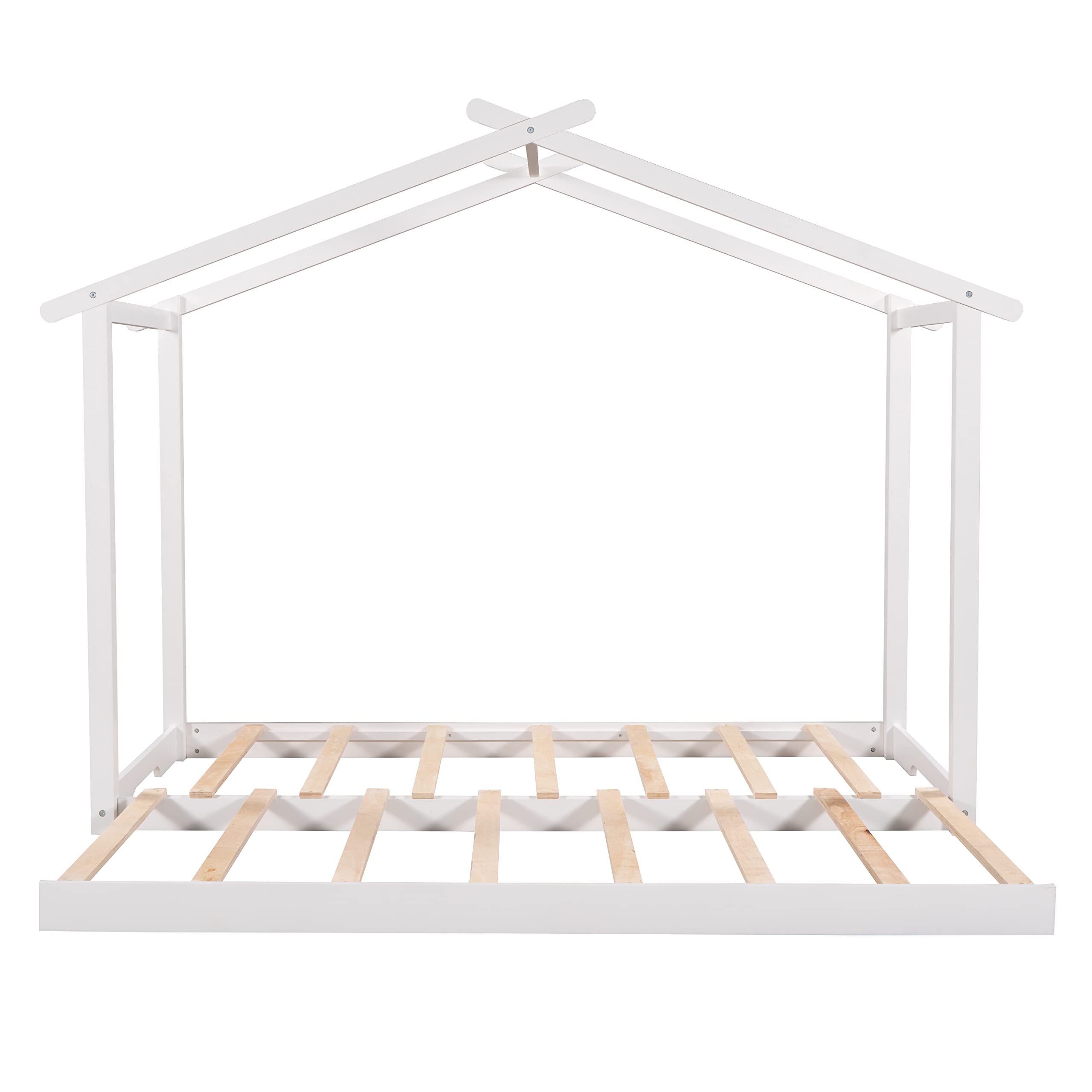 RUNNA Solid Wood Twin to King Size Daybed - Convertible House Bed with Trundle, Kids Floor Bed & Tent Bed with Wood Slat Support - House-Shaped Sofa Bed for Bedroom, Living Room & Guest Room (White+Wood+King) - Perfect for Sleepovers, Playtime & Space-Saving Solutions