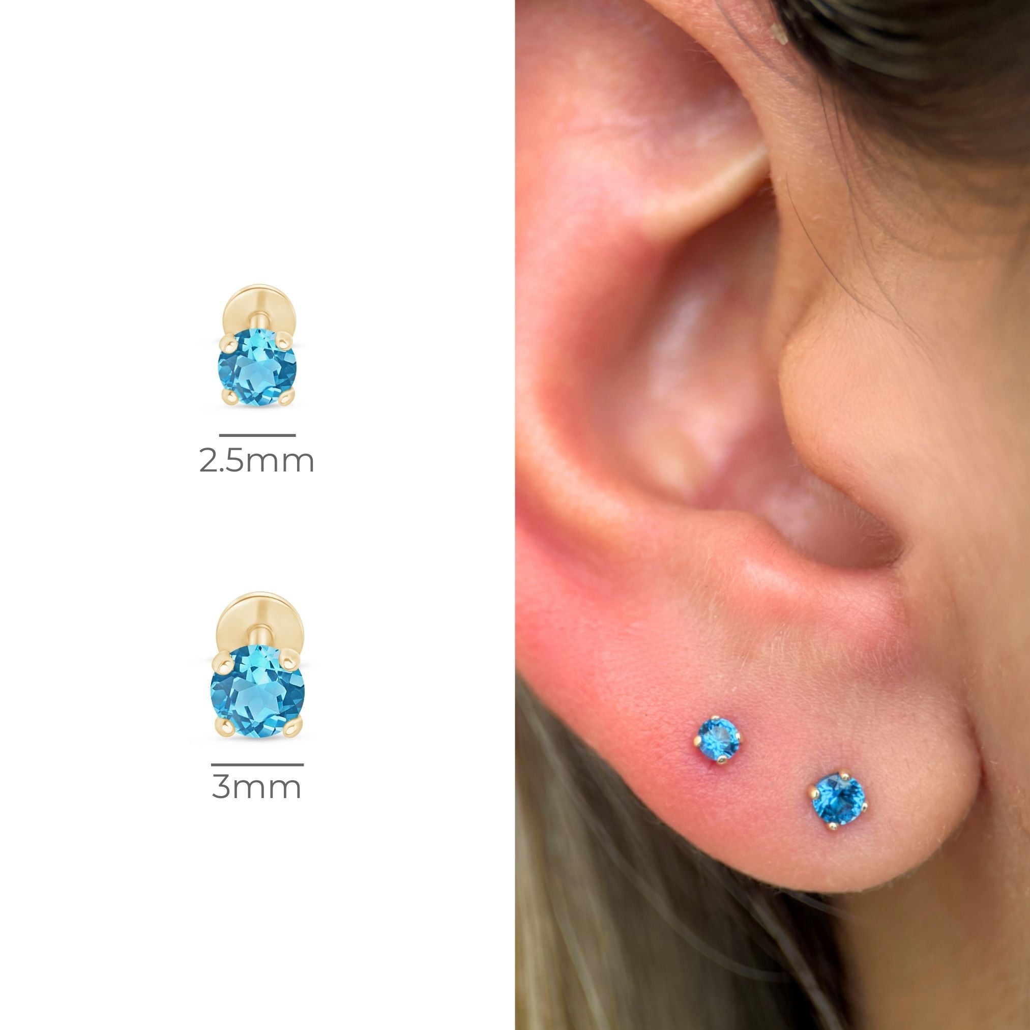 14k Yellow Gold Blue Topaz Cartilage Flat Back Stud Earrings - Perfect for Daily Wear, Gifts & Special Occasions