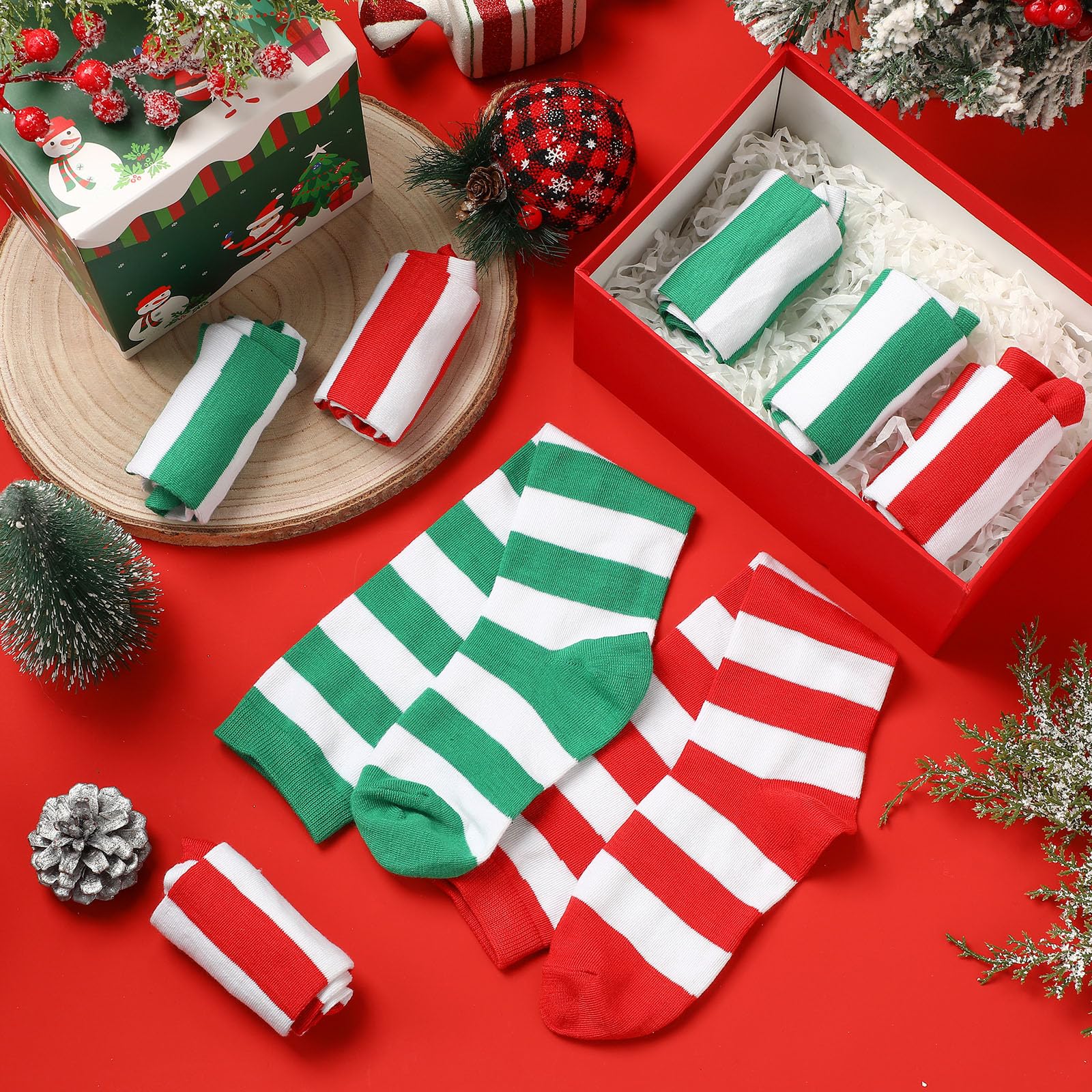 12 Pairs Christmas Socks for Women & Men - Festive Striped Knee High Stockings in Red & Green - Perfect for Holiday Gifts, Xmas Parties & Cozy Winter Wear
