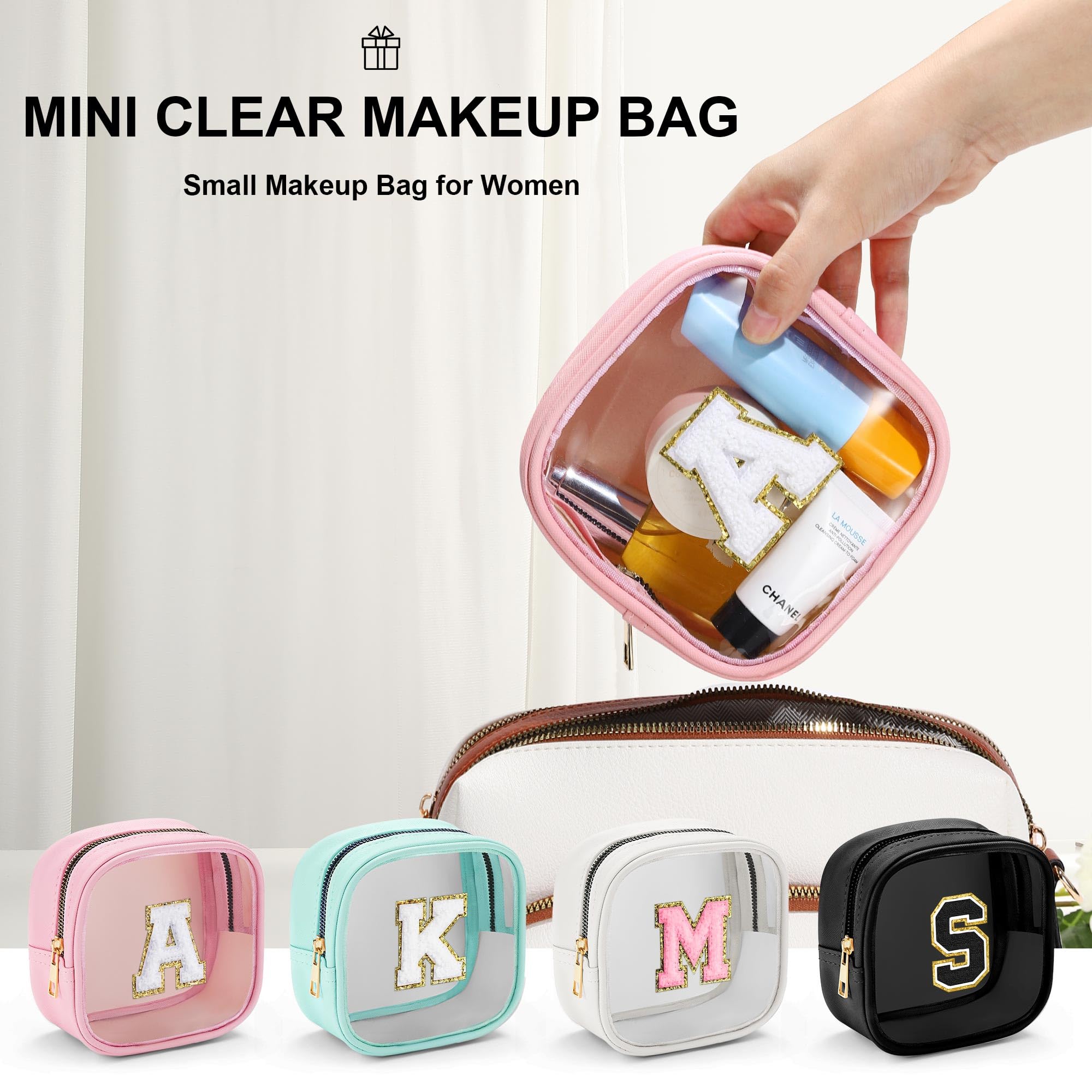 YOOLIFE Initial Mini Makeup Bag - Clear Travel Toiletry Cosmetic Organizer | Preppy Pink Makeup Pouch for Women & Teens | Perfect Gift for Girlfriend, Teacher Birthday | Great for Travel, Gym & Daily Essentials Storage