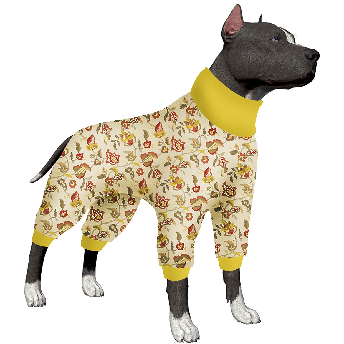 LovinPet Pitbull Pajamas for Dogs - UV Protection & Anxiety Relief Onesie, Breathable Stretchable Fabric with Button Closure (Pink/Multi Prints) - All Season Dog Surgery Recovery Suit for Post-Op Care, Travel & Home Comfort