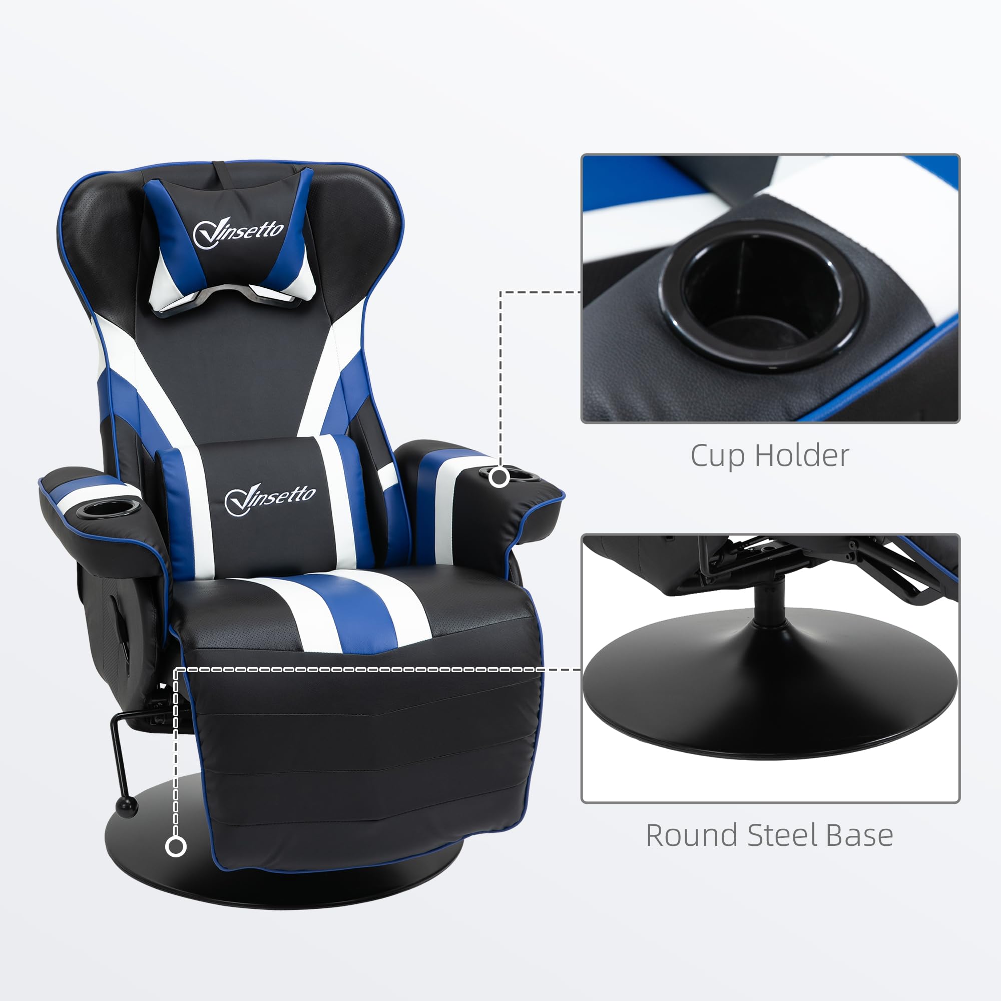 Vinsetto Ergonomic Gaming Chair - Racing Style Computer Recliner with Adjustable Lumbar Support, Retractable Footrest & Cup Holder - Black/White/Blue - Perfect for PC Gaming, Office Work & Home Entertainment