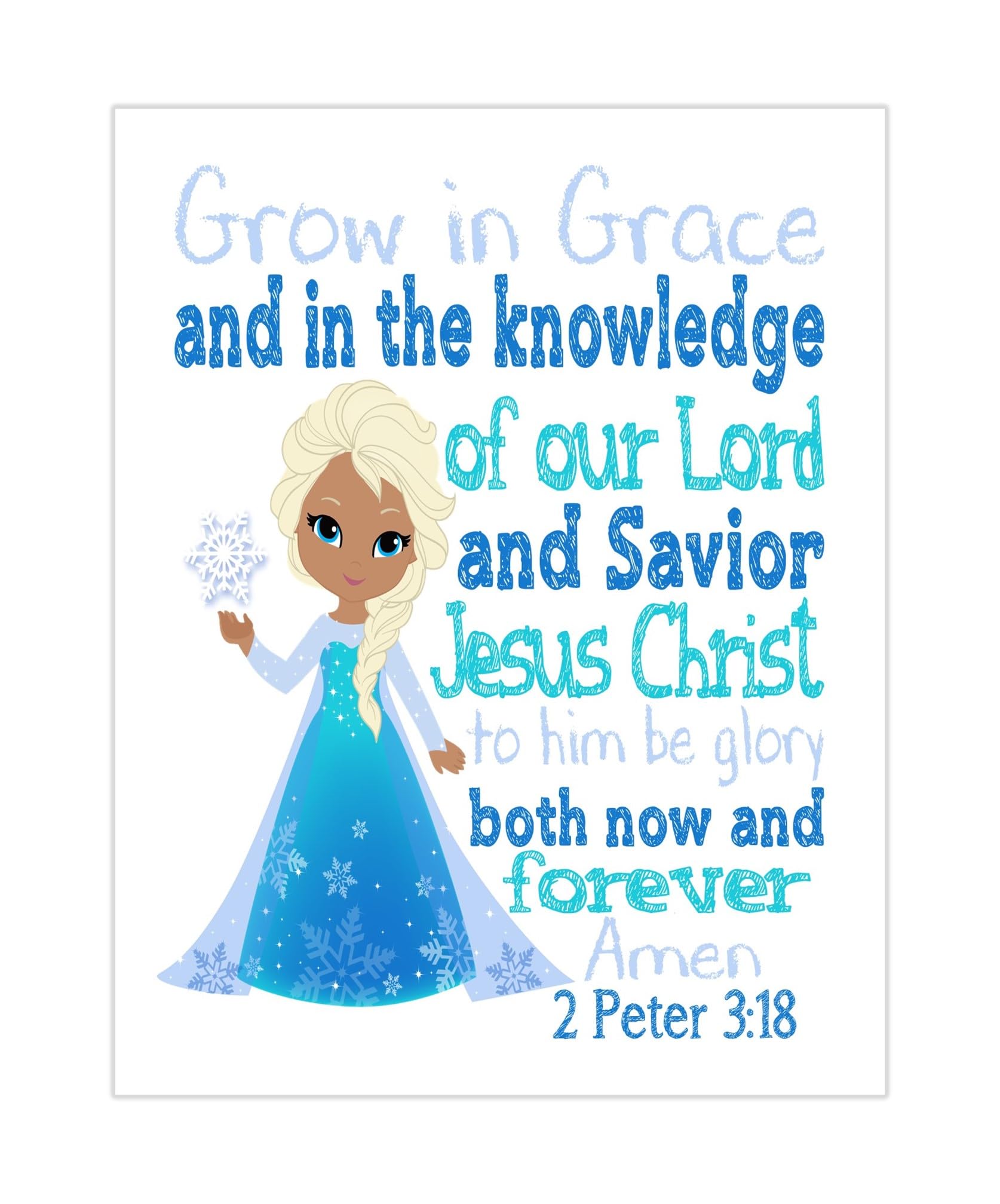 African American Princess Elsa Christian Frozen Nursery Decor - Grow in Grace & Knowledge 2 Peter 3:18 Bible Verse Wall Art - Perfect for Baby Girl's Room, Sunday School & Christian Home Decor