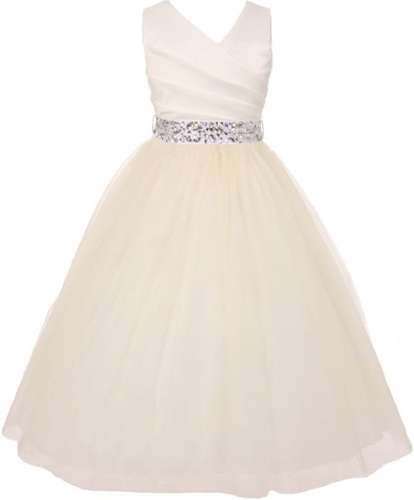 Elegant V-Neck Rhinestone Belt Flower Girl Dress for Little Girls - Perfect for Weddings, Parties & Special Occasions | BluNight Collection