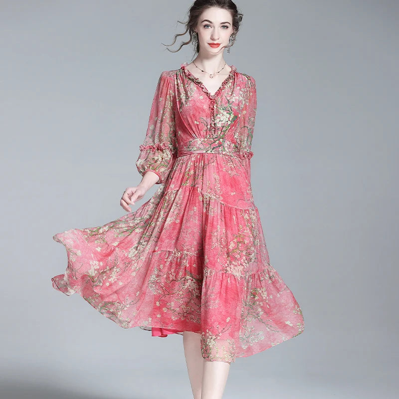 EVNISI Women's Boho Chiffon Summer Dress - V-Neck Floral Print A-Line Red Elegant Office Dress for Women | Perfect for Parties, Weddings & Summer Outings
