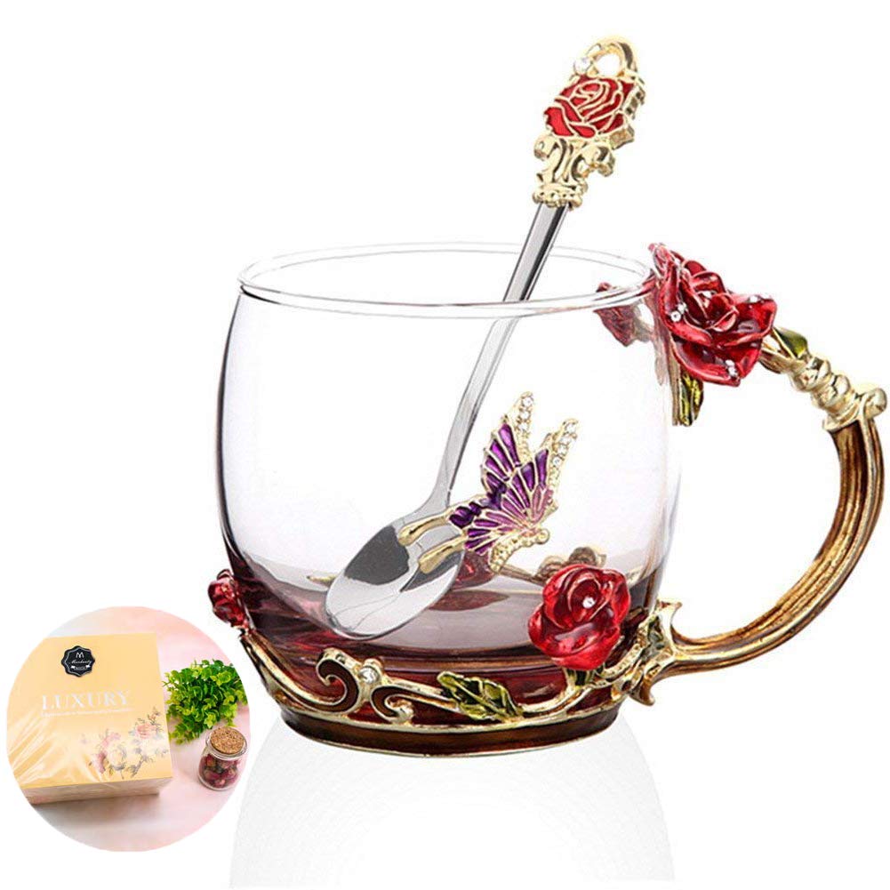 Handmade Butterfly Rose Glass Coffee Mug - 12 oz Tea Cup for Mother's Day, Wedding Anniversary & Birthday Gifts - Perfect for Home, Office & Cafe Use (Rose Design)