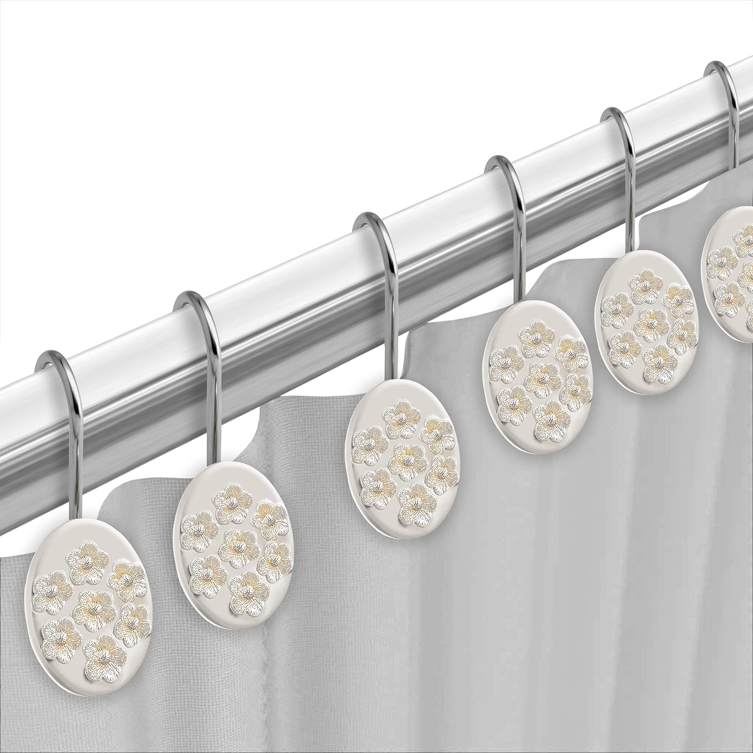 Bloomfield Beige Bath Shower Hooks - Heavy Duty Rustproof Shower Curtain Hooks for Bathroom, Spa & Home Decor - Set of 12 Hooks with Strong Grip
