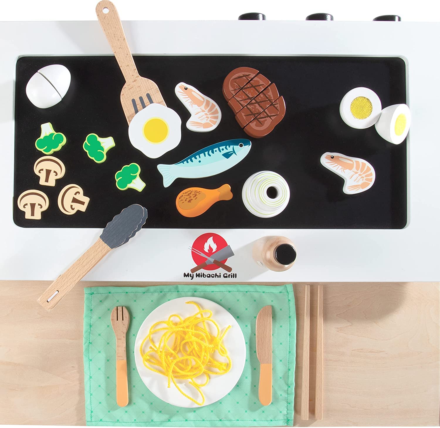**Premium Hibachi Grill Wooden Kids Playset with Stools, Table Settings & 25+ Toy Food Pieces - Noodles, Tongs, Meats, Veggies - Complete Pretend Play Kitchen for Little Chefs - Indoor Japanese Restaurant Stand for Imaginative Play & Role-Playing Fun**