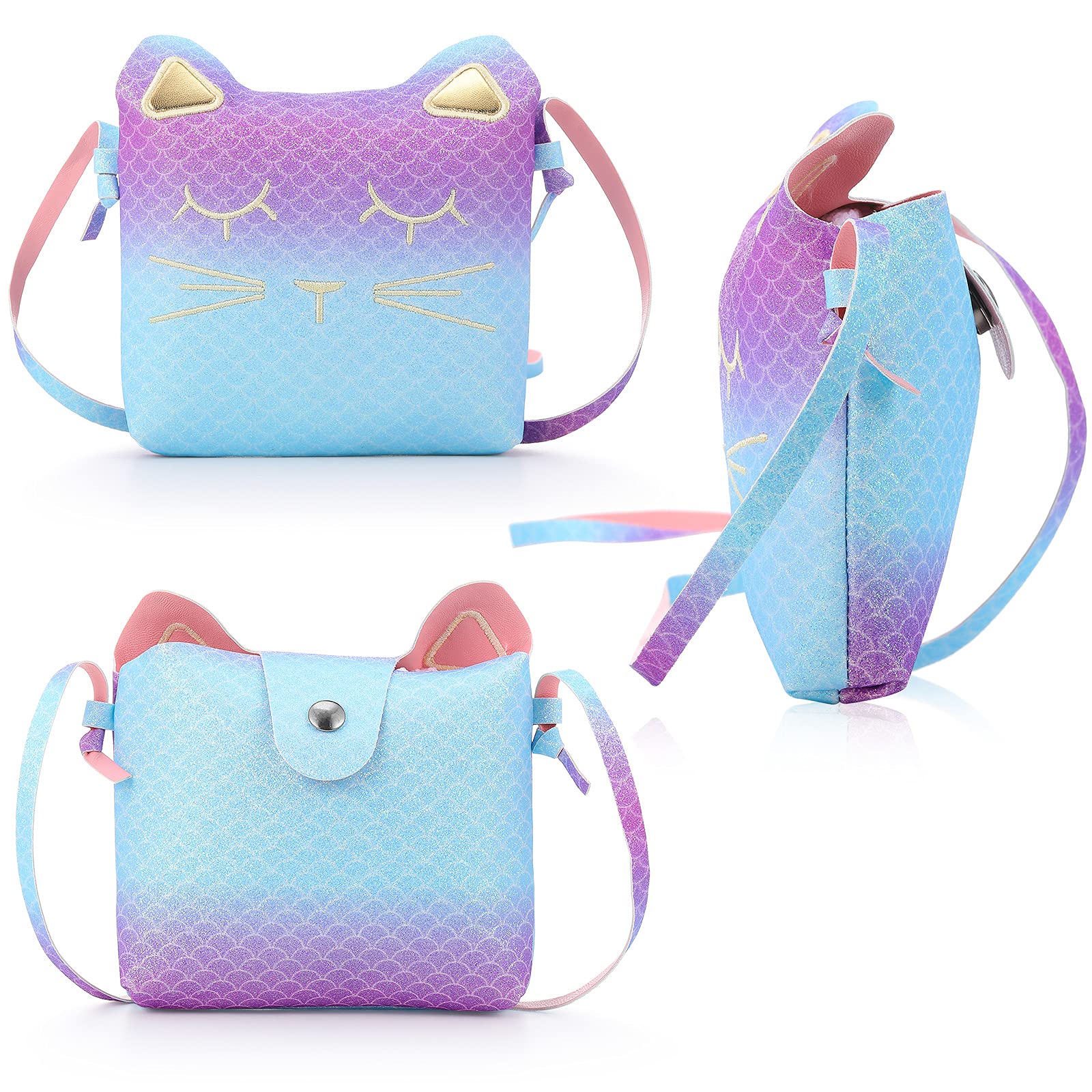 WeeWooday 3-Piece Cat Shoulder Bag Set - Cute Christmas Crossbody Purse with Mini Coin Wallet & Cat Headband - Perfect Gift for Girls (Blue, Purple) | Great for School, Travel, and Holiday Outfits