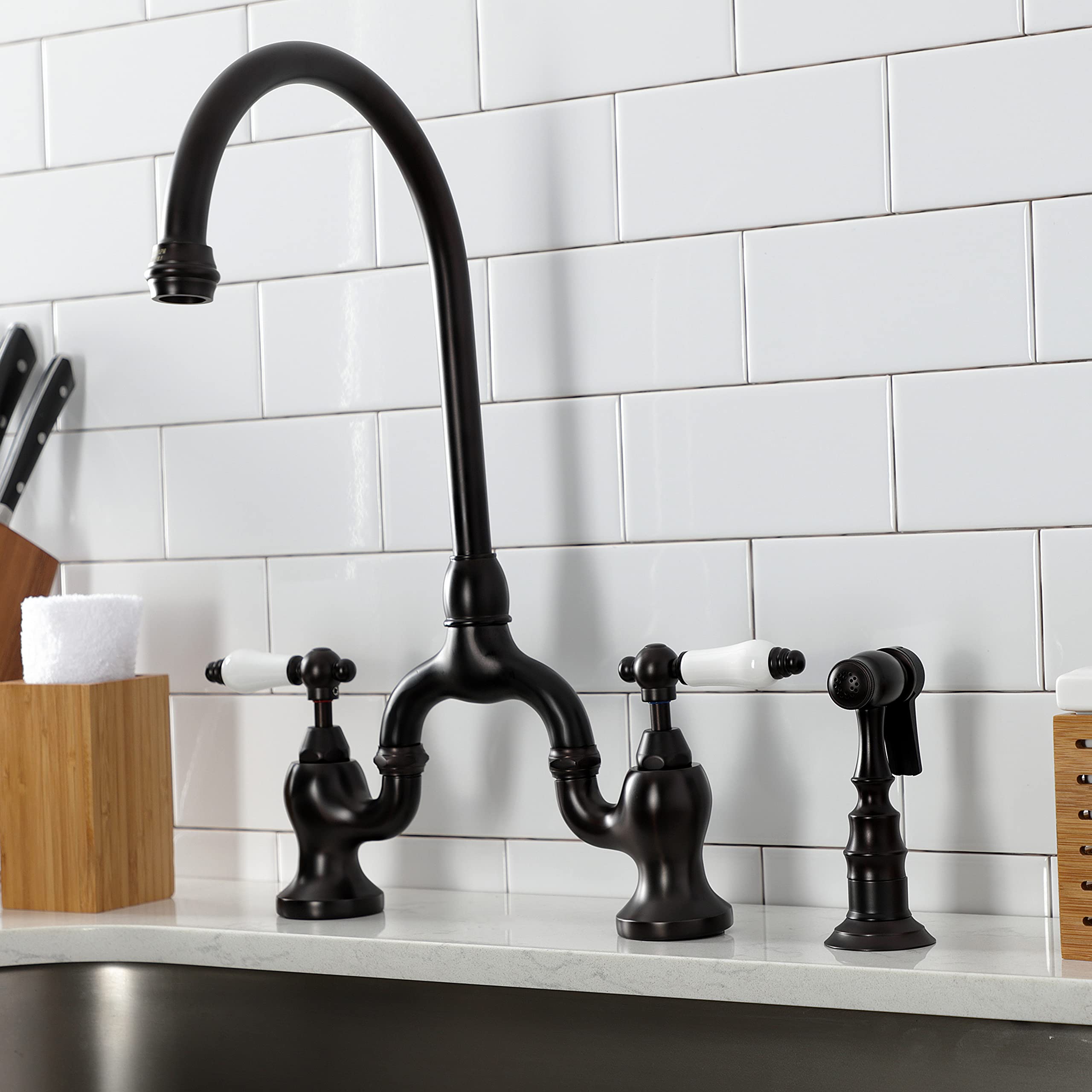 Kingston Brass KS7795PLBS English Country Bridge Kitchen Faucet with Brass Sprayer - Oil Rubbed Bronze Finish - 8 x 7.75 x 16.81 Inches - Perfect for Farmhouse, Cottage & Traditional Kitchen Sinks
