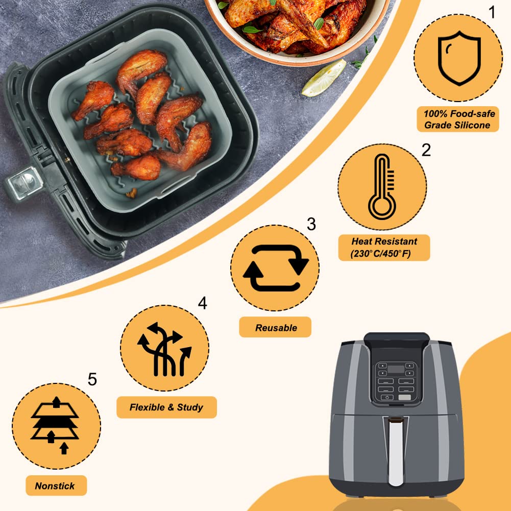 BYKITCHEN 8-Inch Air Fryer Silicone Pot - Thick Reusable Square Baking Basket & Pan Liner - Compatible with COSORI, NINJA, TOWER, Instant Air Fryer & Oven - Perfect for Roasting, Baking, and Healthy Cooking at Home
