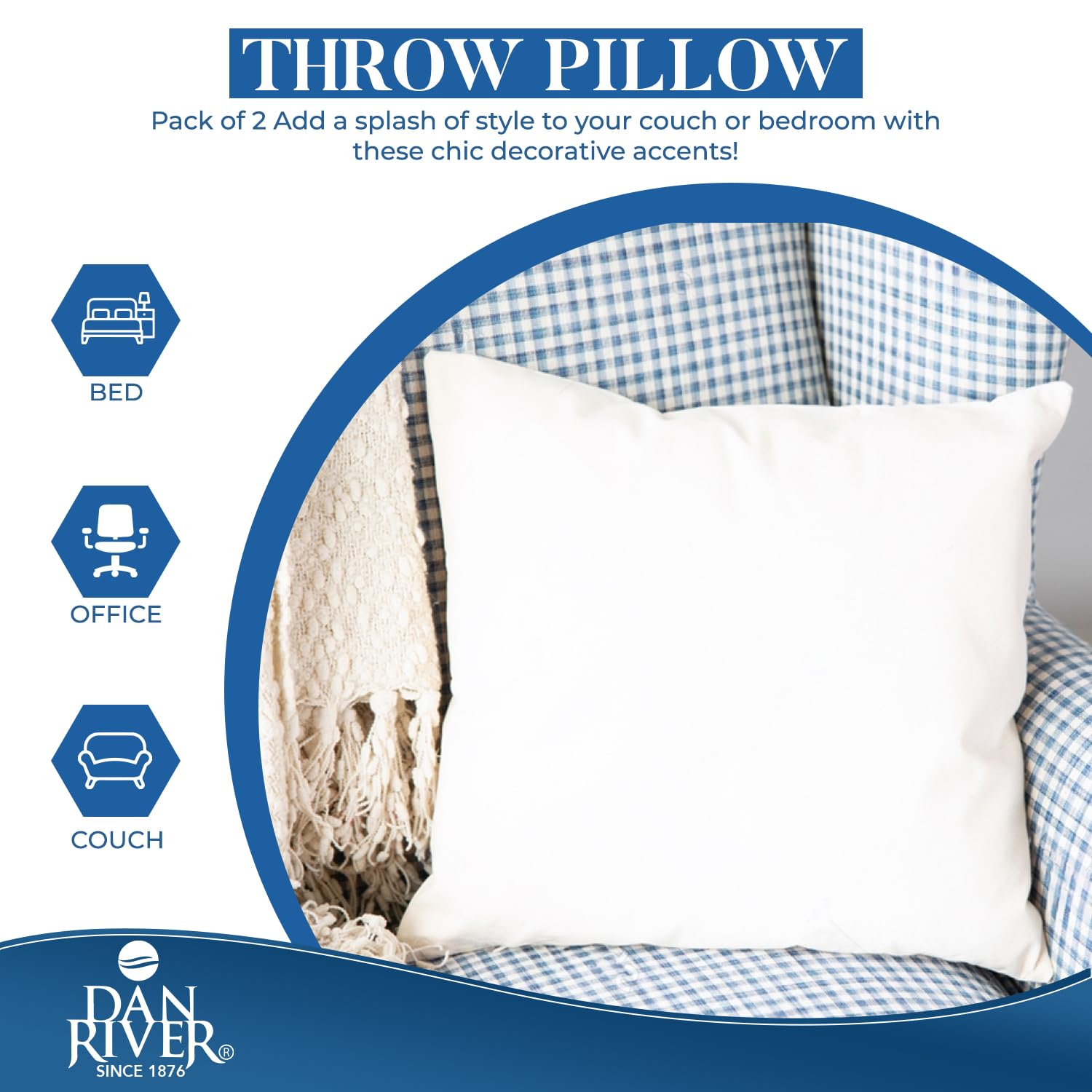 DAN RIVER 16x16 Inch Throw Pillows Set of 2 - Soft White Decorative Couch & Bed Pillows with Removable Cover | Perfect for Living Room Sofa, Bedroom Decor & Home Styling