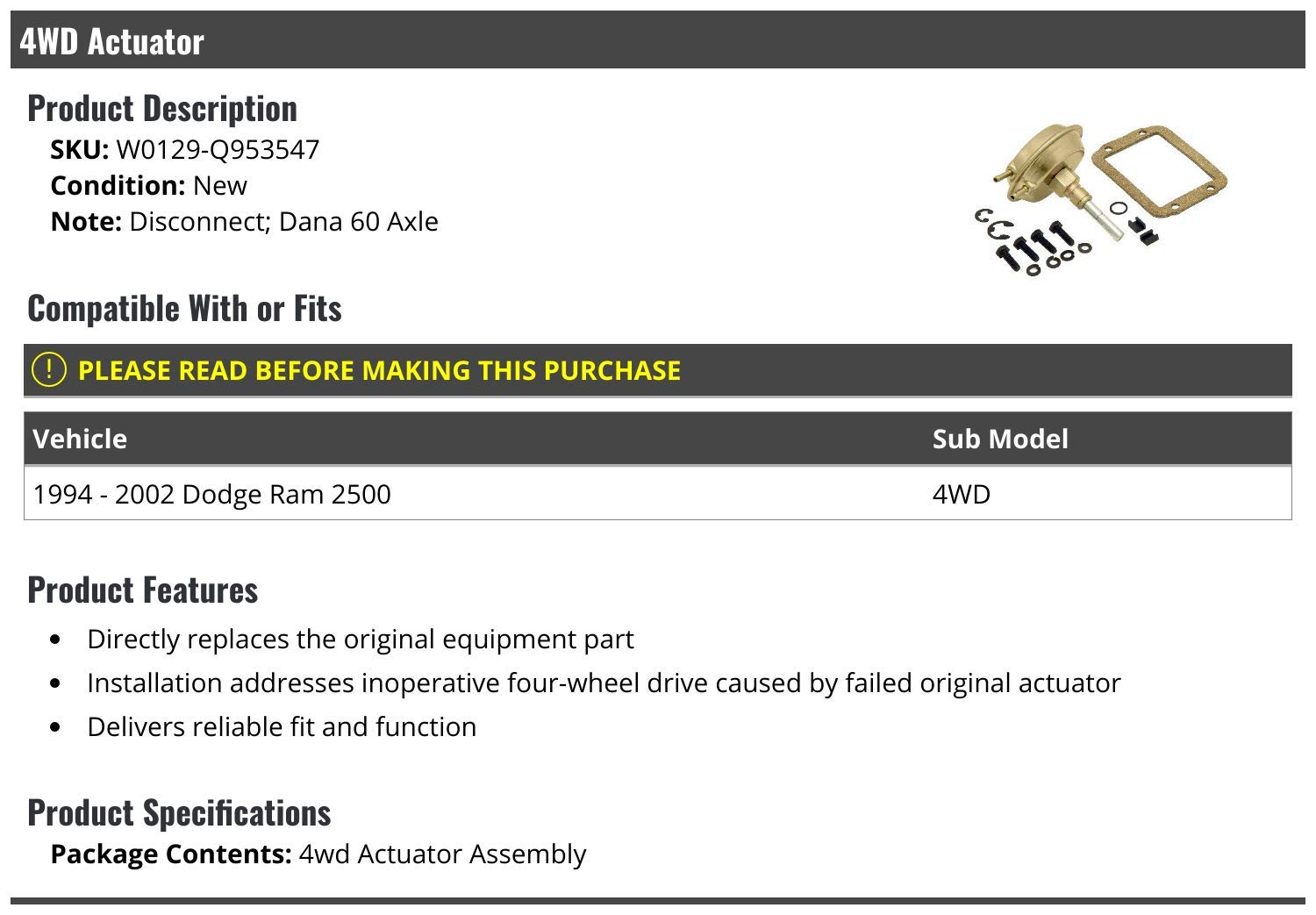 4WD Actuator Assembly Replacement for 1994-2002 Dodge Ram 2500 - Front Axle Engagement System - Off-Road & Winter Driving Upgrade