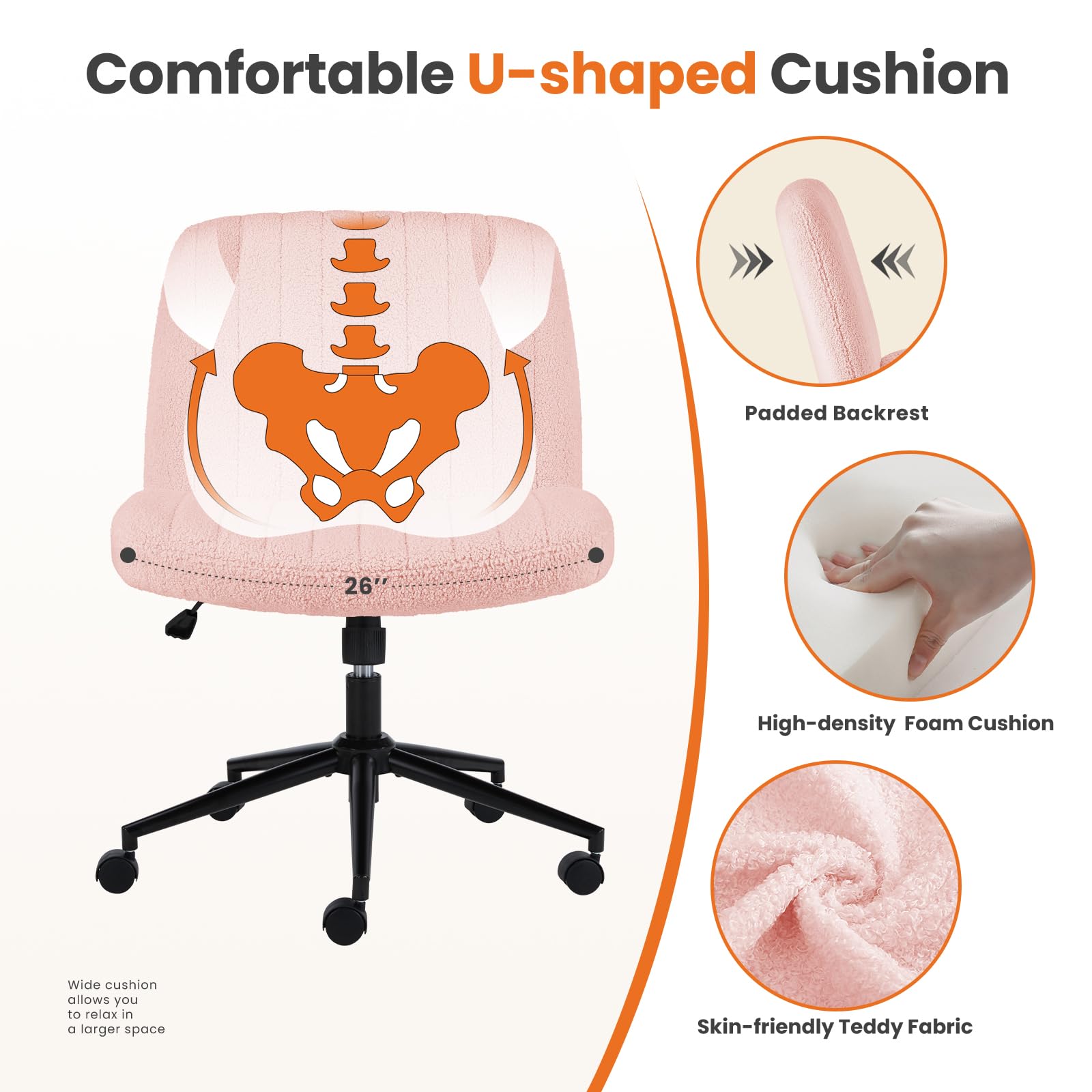 Sweetcrispy Criss Cross Chair Legged Armless Office Desk Chair with Wheels - Swivel, Height Adjustable, Wide Seat Computer Task Chair for Home & Office - Teddy Pink - Perfect for Workstations, Gaming & Study Spaces