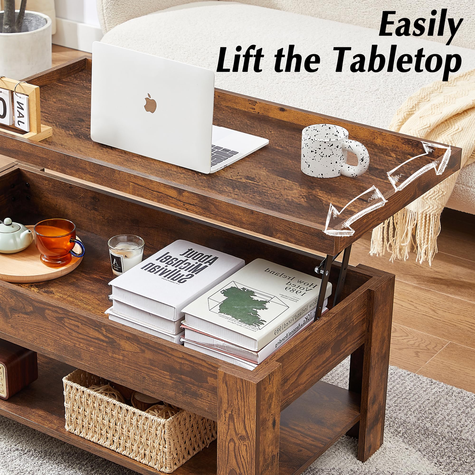 VECELO Lift Top Coffee Table with Storage Shelf & Hidden Compartment - Modern End Table for Living Room, Office Reception - Black & Brown - Perfect for Small Spaces, Home Decor & Workspace Organization