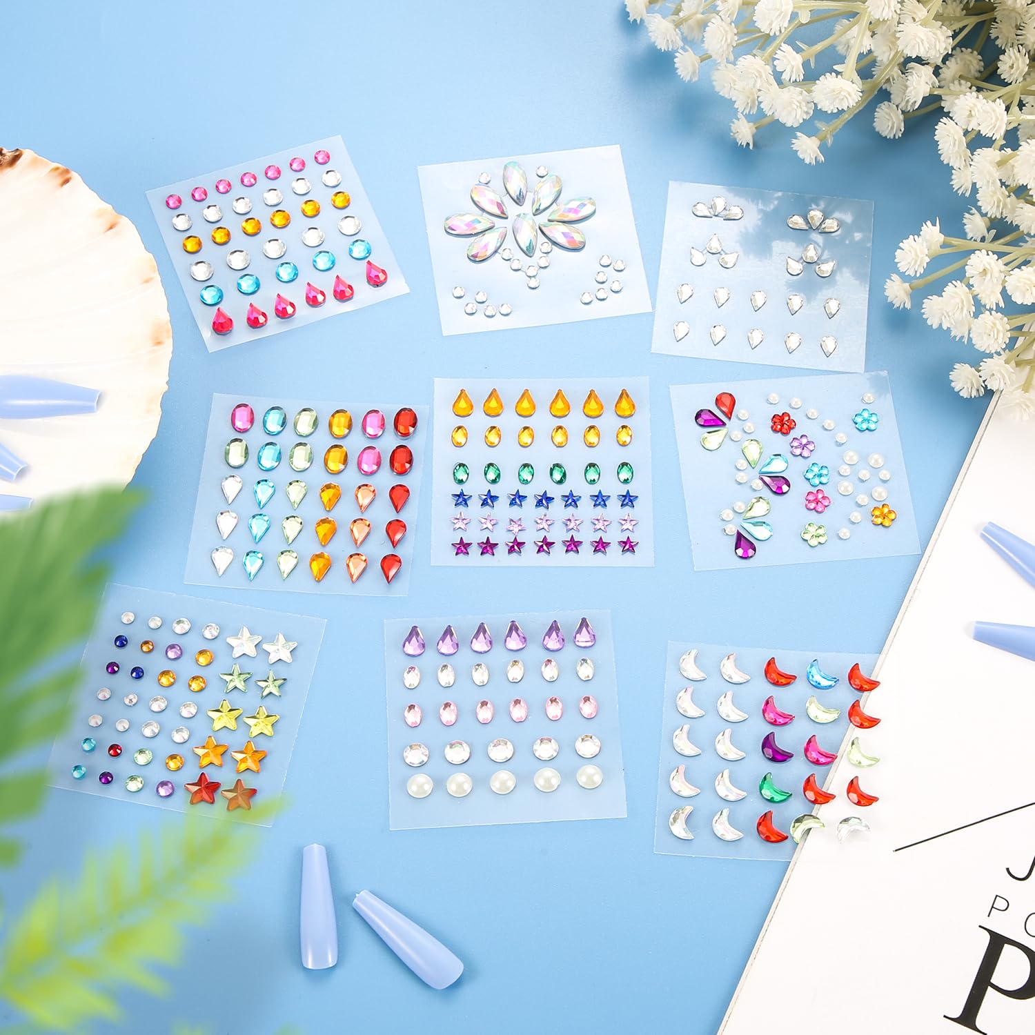 9 Sheets Self-Adhesive Face Gems Stickers - Sparkling Star, Flower & Drop Shape Rhinestones for Makeup, Halloween, Festival & Party (Pattern 1) | Perfect for Costume Parties, Raves, Music Festivals & Photo Shoots