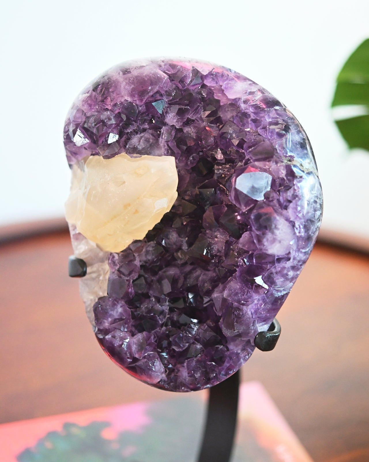 Natural Amethyst with Calcite Geode on Wooden Stand - 8.8 lbs Healing Crystal for Home Decor, Meditation & Spiritual Gifts | Perfect for Living Room, Office & Yoga Space