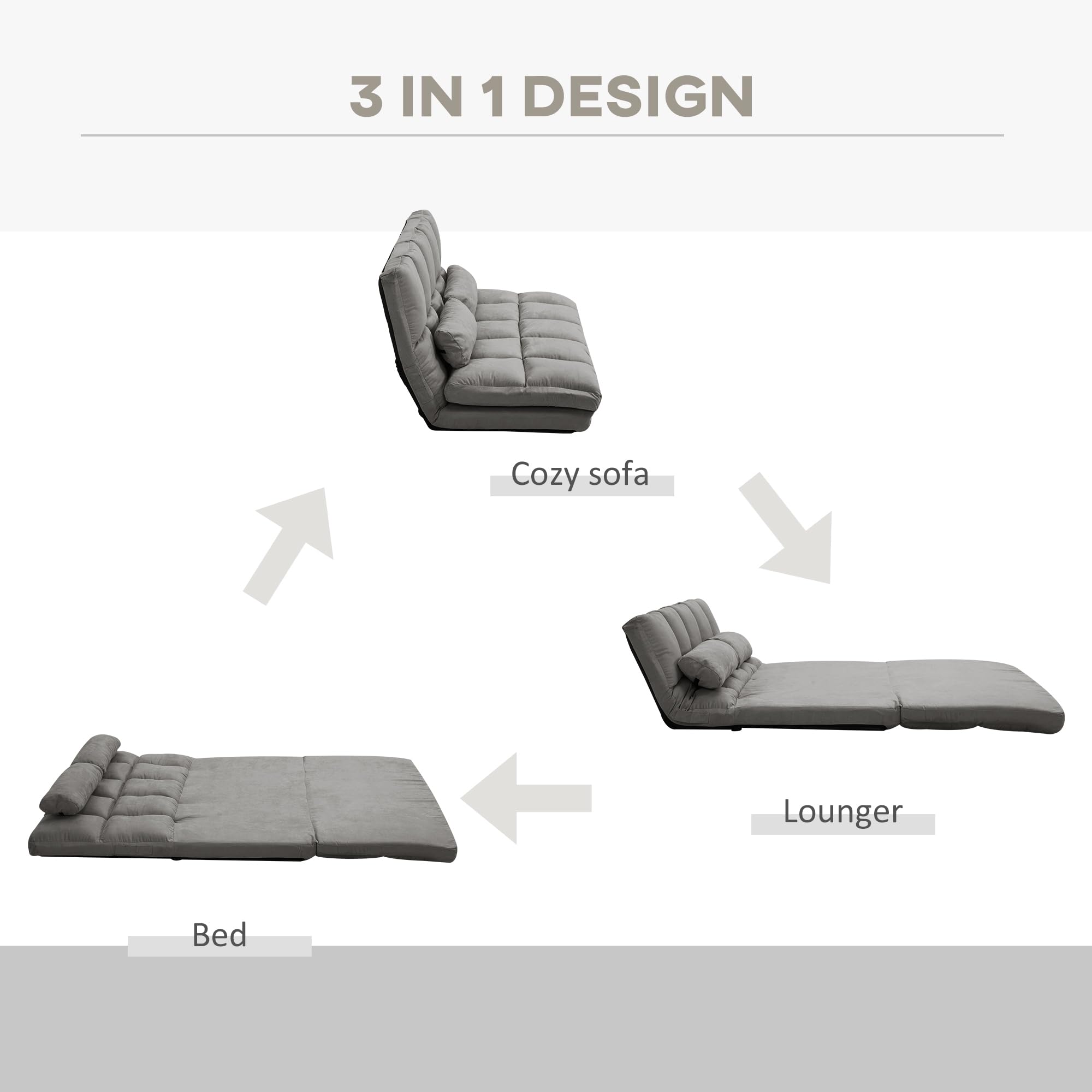 HOMCOM Convertible Floor Sofa Chair - Folding Couch Bed & Guest Chaise Lounge with 2 Pillows, Adjustable Backrest & Headrest, 51.25