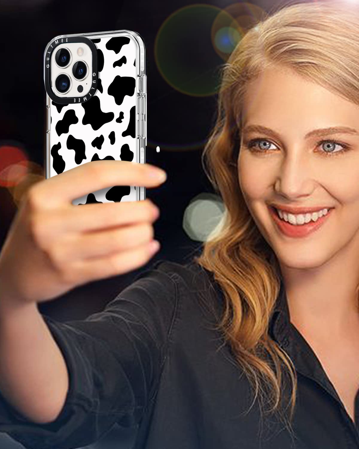 3 in 1 Cute Cow Print Shockproof iPhone 14 Pro Case with Built-in Bumper, Tempered Glass Screen Protector & Camera Lens Cover - 6.1