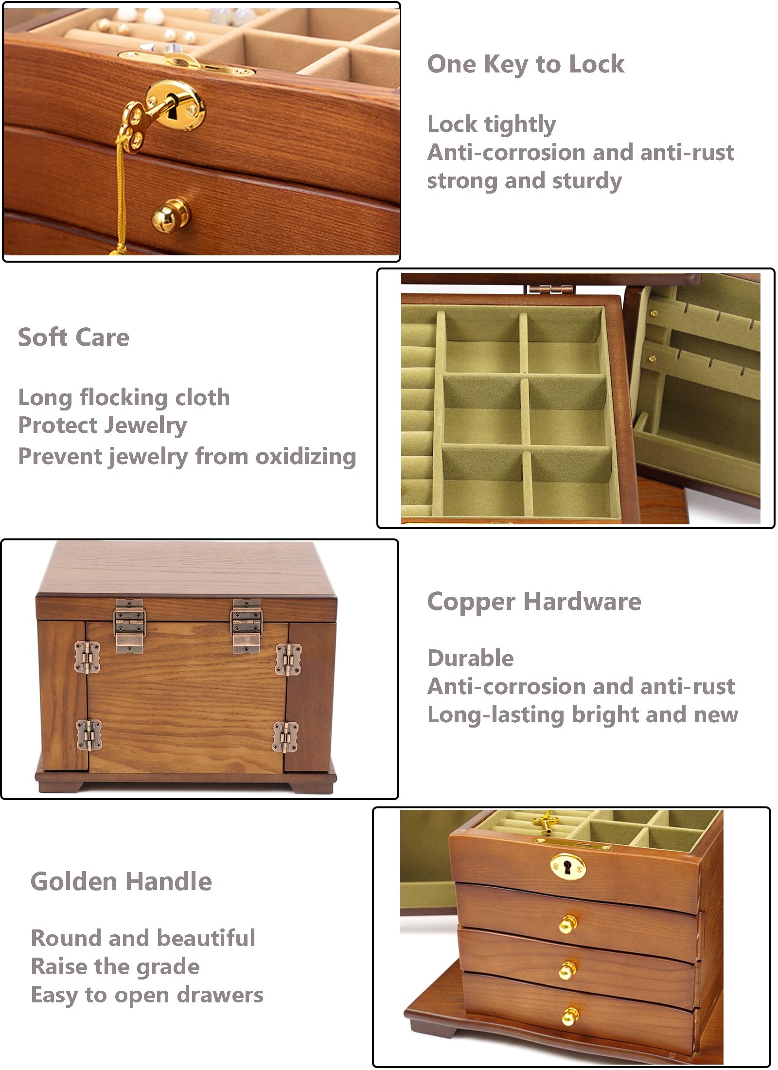 4-Layer Wooden Jewelry Box Organizer with Mirror & Lock - Jewelry Storage Case for Earrings, Rings, Necklaces & Bracelets - Perfect for Bedroom Vanity, Travel & Gift Giving