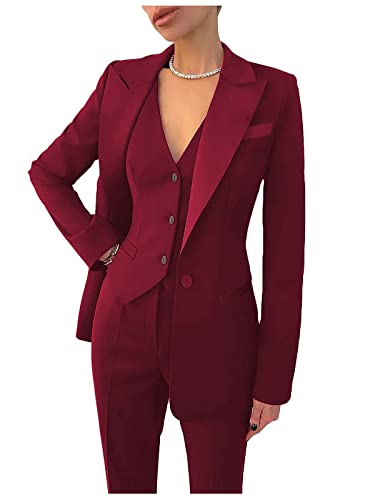 Women's 3-Piece Business Suit Set - Slim Fit Notch Lapel Blazer, Vest & Pants for Office Professionals | Burgundy Work Attire | Size 0 | Perfect for Corporate Meetings, Job Interviews & Formal Office Wear
