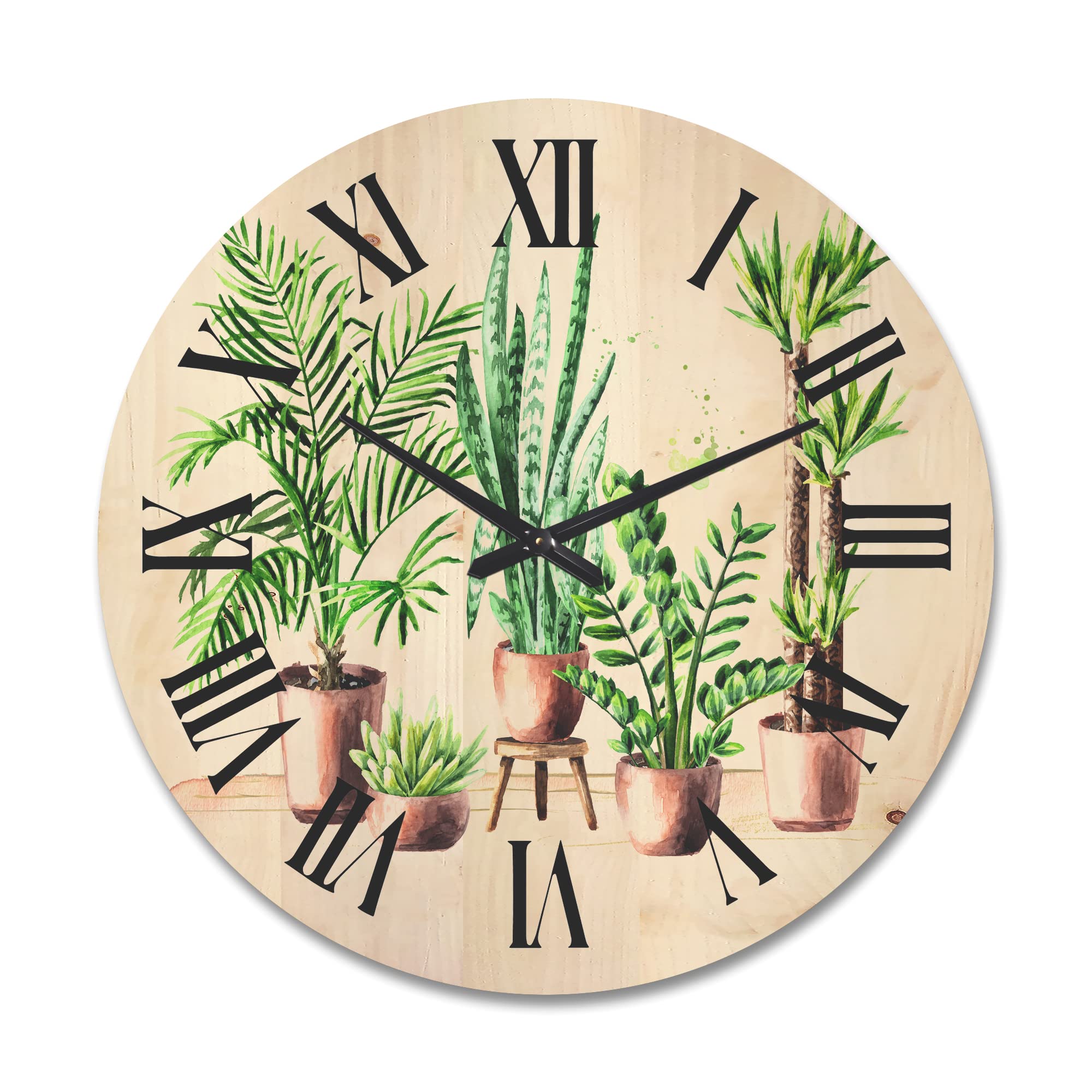 Large Decorative Floral & Botanical Wood Wall Clock - Oversized Traditional Wooden Clock for Living Room, Bedroom, Office Décor - Indoor Green Home House Plants in Pots - Perfect for Farmhouse, Rustic, Vintage Style Interiors