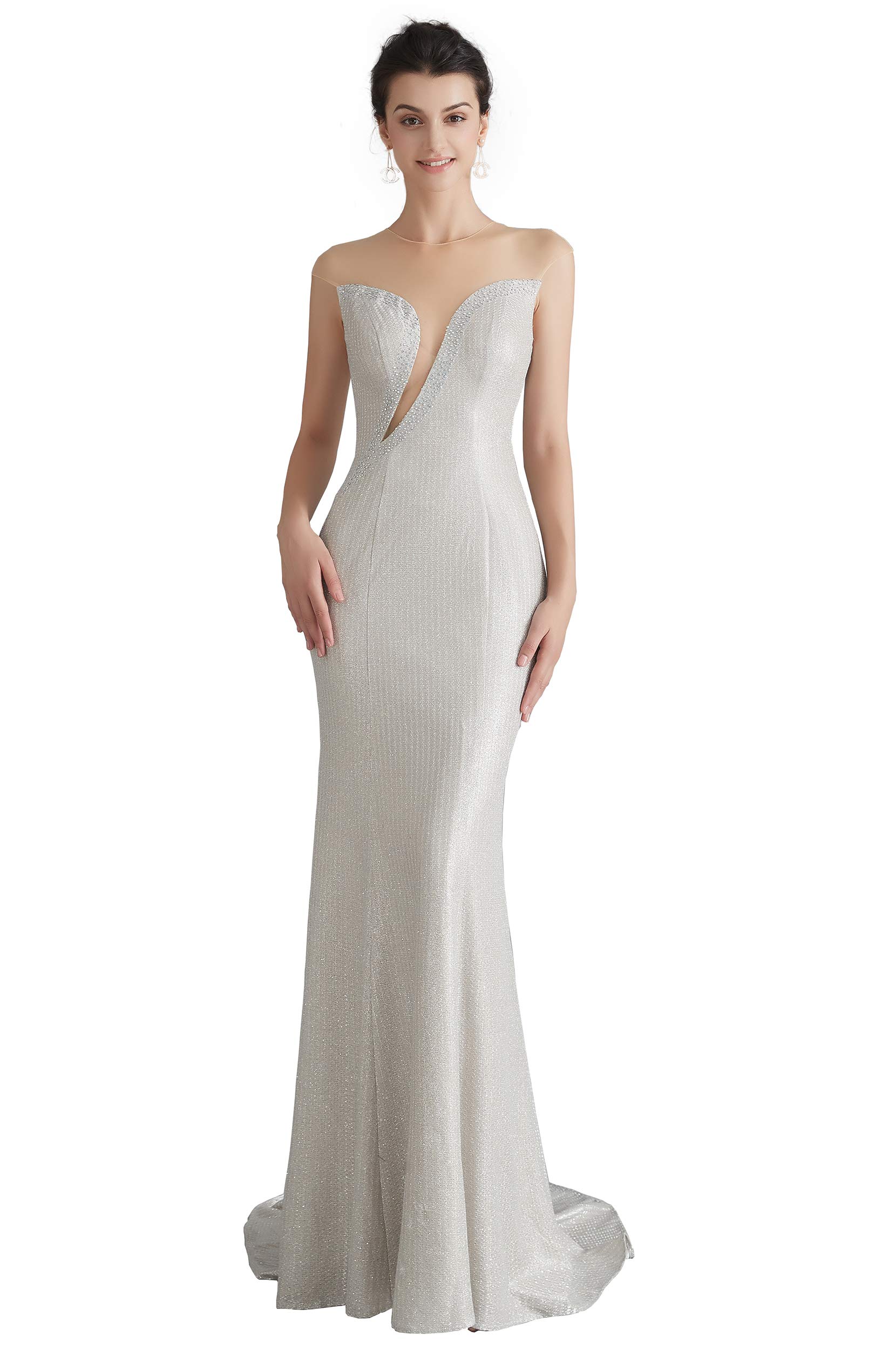 Elegant Women's Sheer Neck Beaded Sequins Mermaid Satin Evening Gown for Prom, Party & Special Occasions