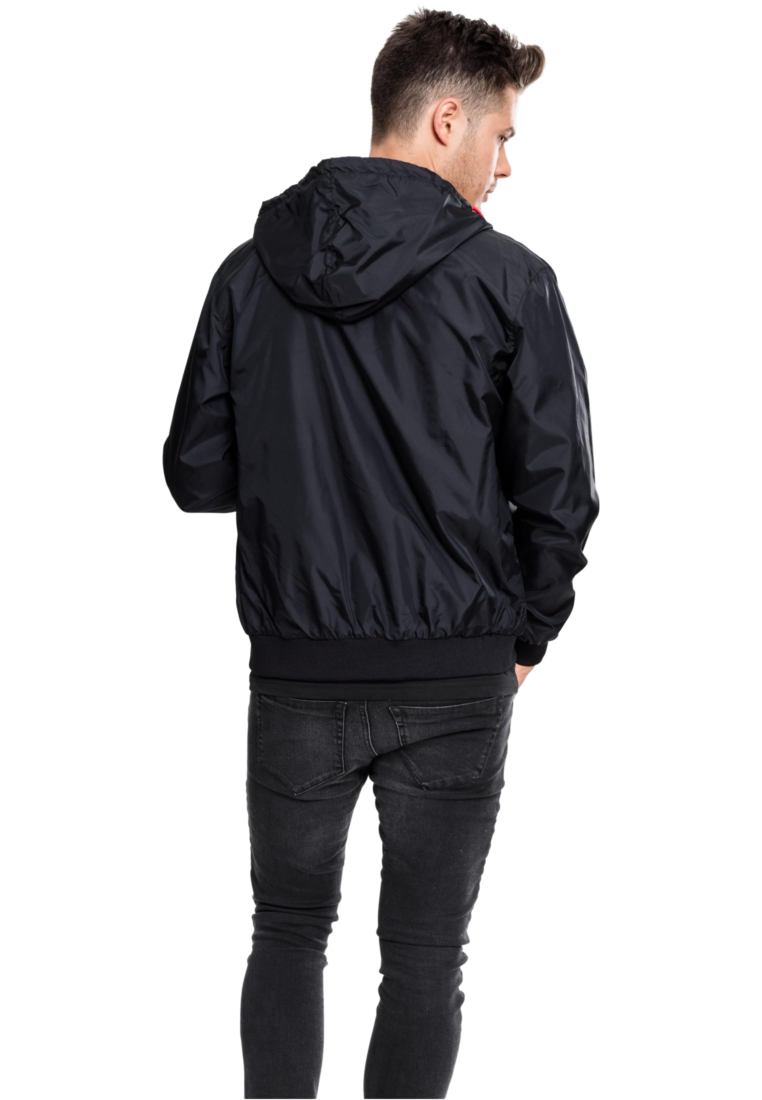 **Men's 3XL Black & Red Contrast Windrunner Jacket - Lightweight Water-Resistant Running Hoodie for Outdoor Sports & Casual Wear**