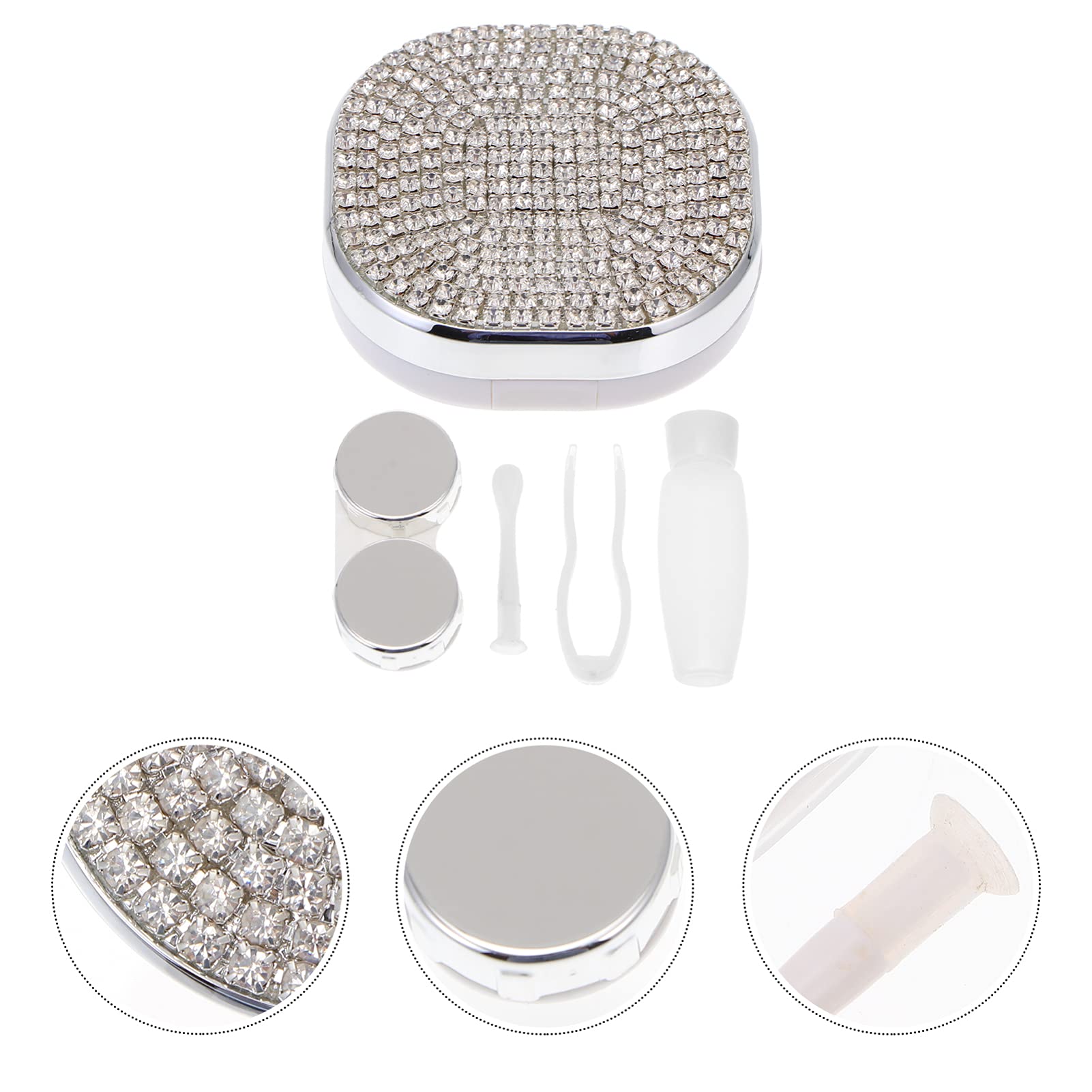 Healifty Rhinestone Contact Lens Case with Mirror & Tweezer - Travel Kit for Eye Care