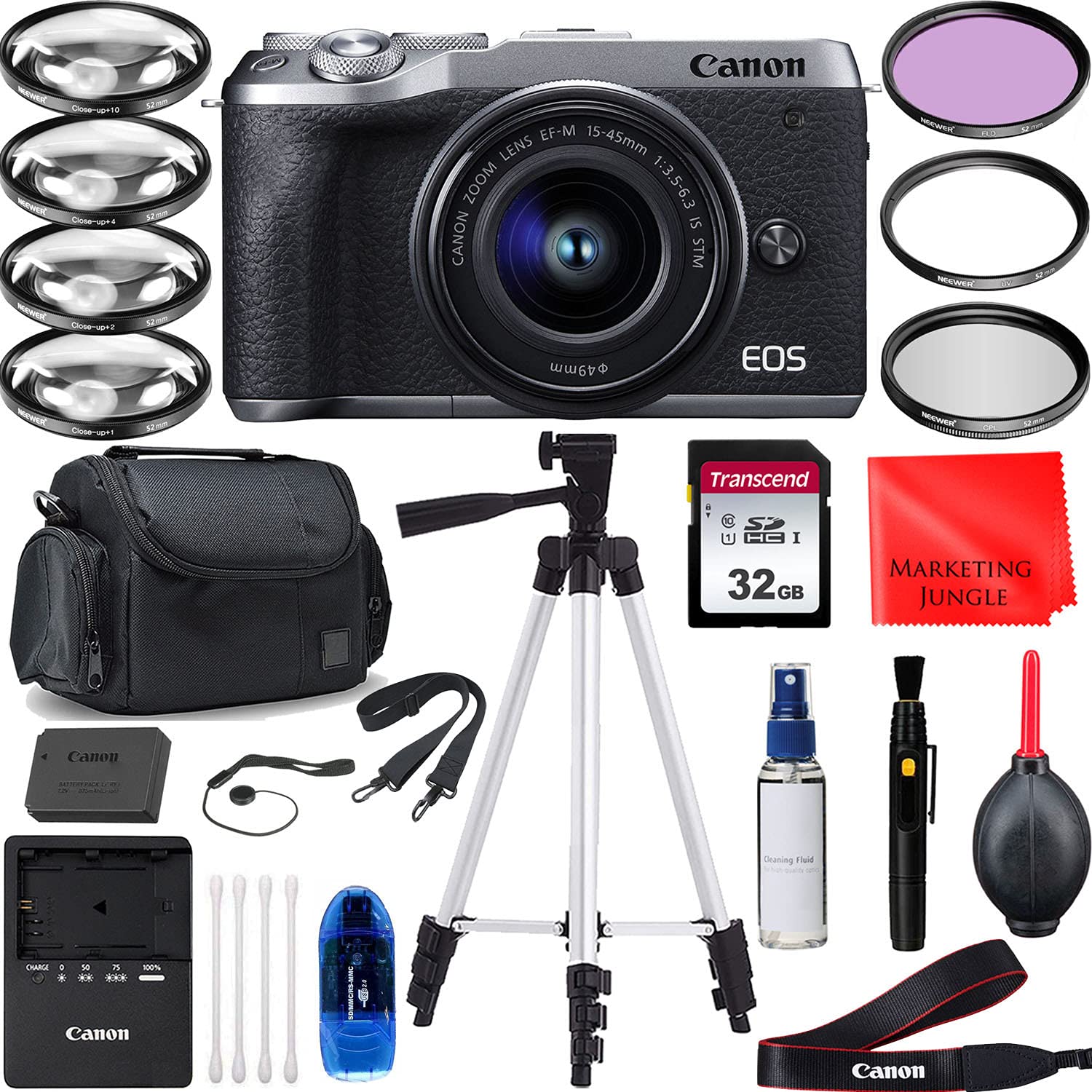 Canon EOS M6 Mark II Mirrorless Camera with 15-45mm Lens Kit (Silver) - 32.5MP 4K Vlogging Camera with Tripod, 64GB Memory Card & Filters - Perfect for Travel Photography, YouTube Content Creation & Street Shooting