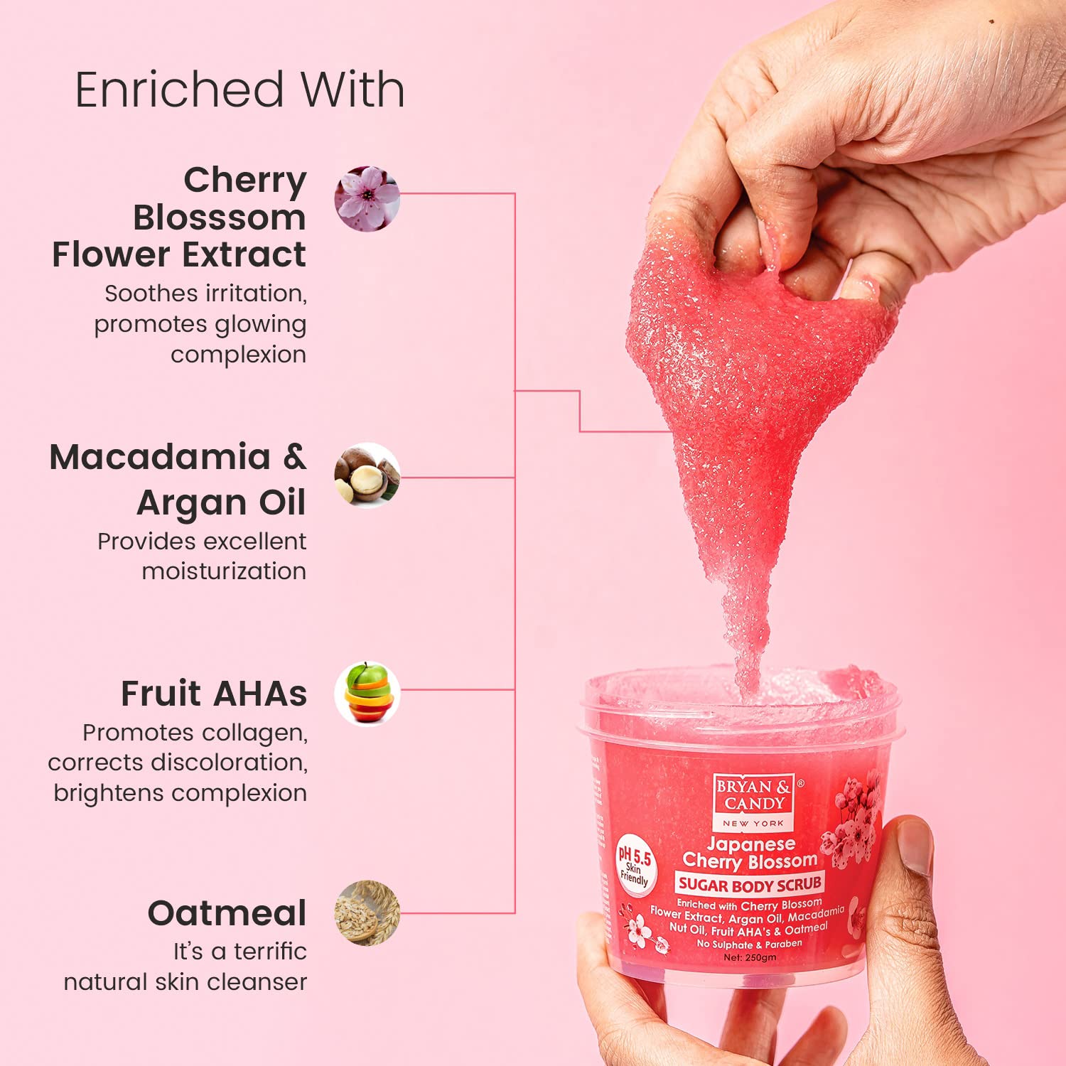 Bryan & Candy Cherry Blossom Sugar Body Scrub - PH 5.5 Exfoliating Scrub for Tan Removal & Dead Skin | Enriched with Macadamia & Argan Oil | Gentle Exfoliation for Knees, Elbows & Ankles | Unisex Skincare - 250g | Perfect for Post-Workout Refresh & Pre-Self Care Routine