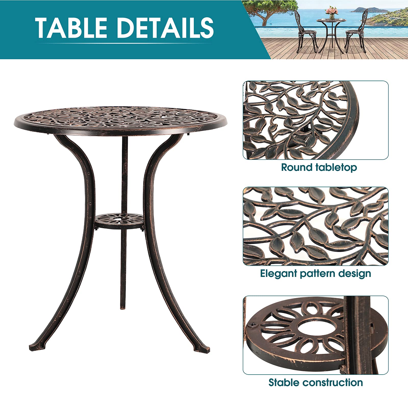 COBANA 3-Piece Outdoor Bistro Set - Retro Cast Aluminum Patio Dining Table & Chairs for Balcony, Garden, Deck, Porch, Poolside - Bronze Finish | Perfect for Small Space Entertaining, Morning Coffee, and Relaxing Outdoors