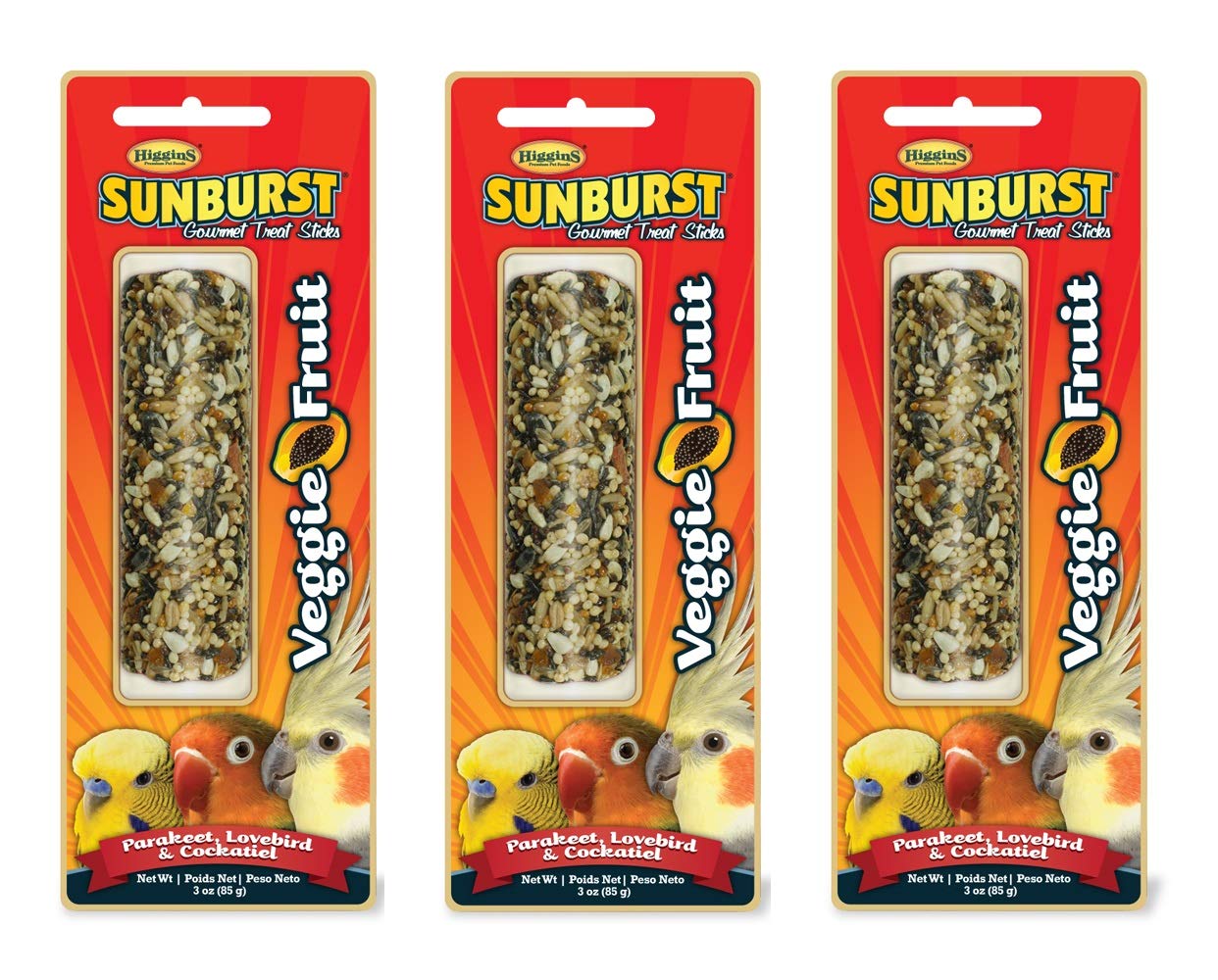 Higgins Sunburst Gourmet Treat Sticks for Birds - 3 Pack (3oz Each) - Veggie Fruit Flavor - Perfect for Parakeets, Lovebirds & Cockatiels - Healthy Snack for Training & Bonding with Your Pet Bird