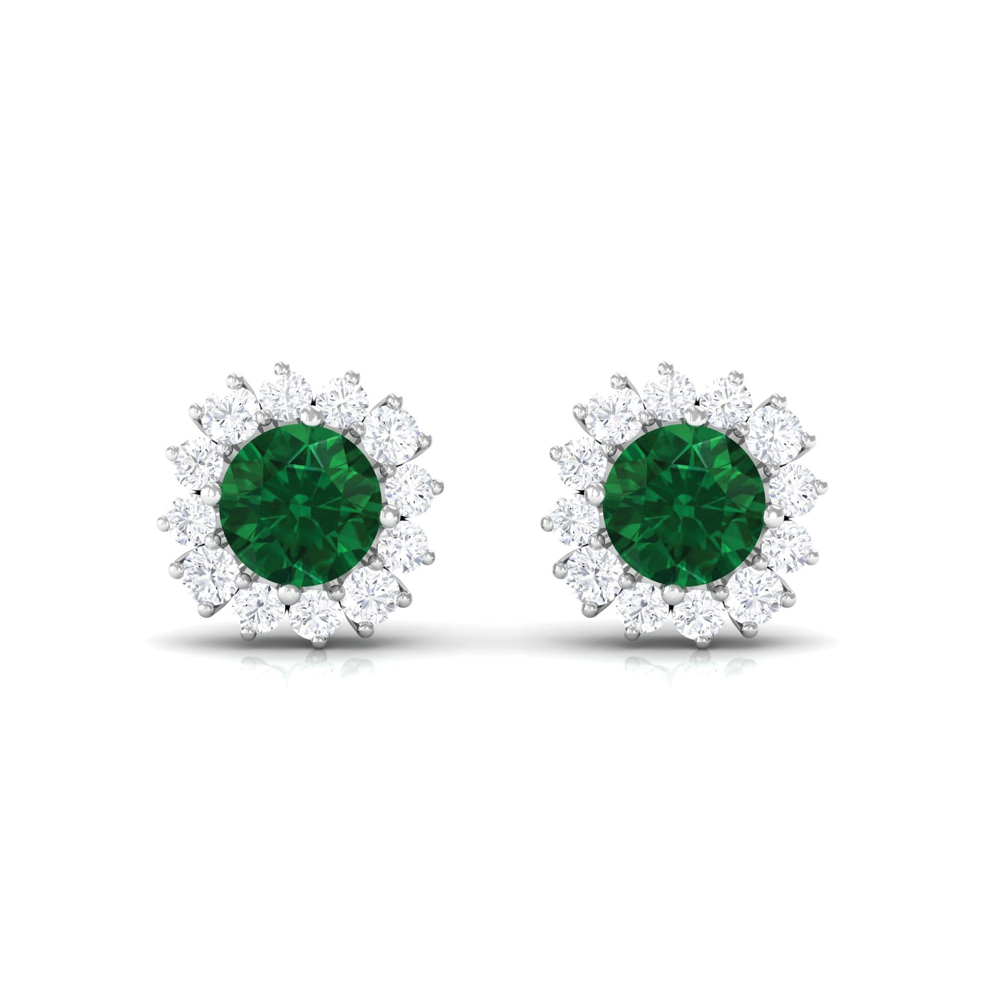 3/4 CT Classic Halo Stud Earrings with Created Emerald & Diamond - Perfect for Weddings, Anniversaries & Special Occasions