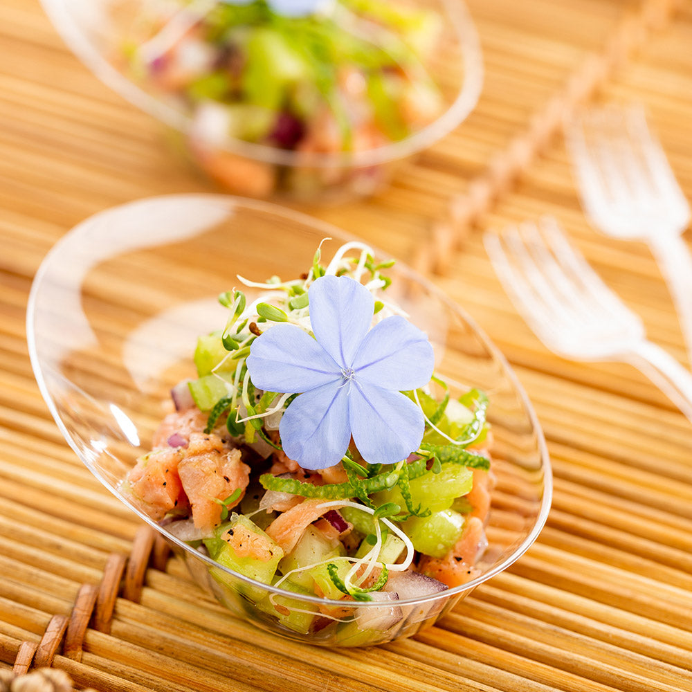 100-Pack Clear Plastic Oval Dishes & 100 Silver Mini Plastic Spoons - Perfect for Parties, Catering, and Dessert Serving