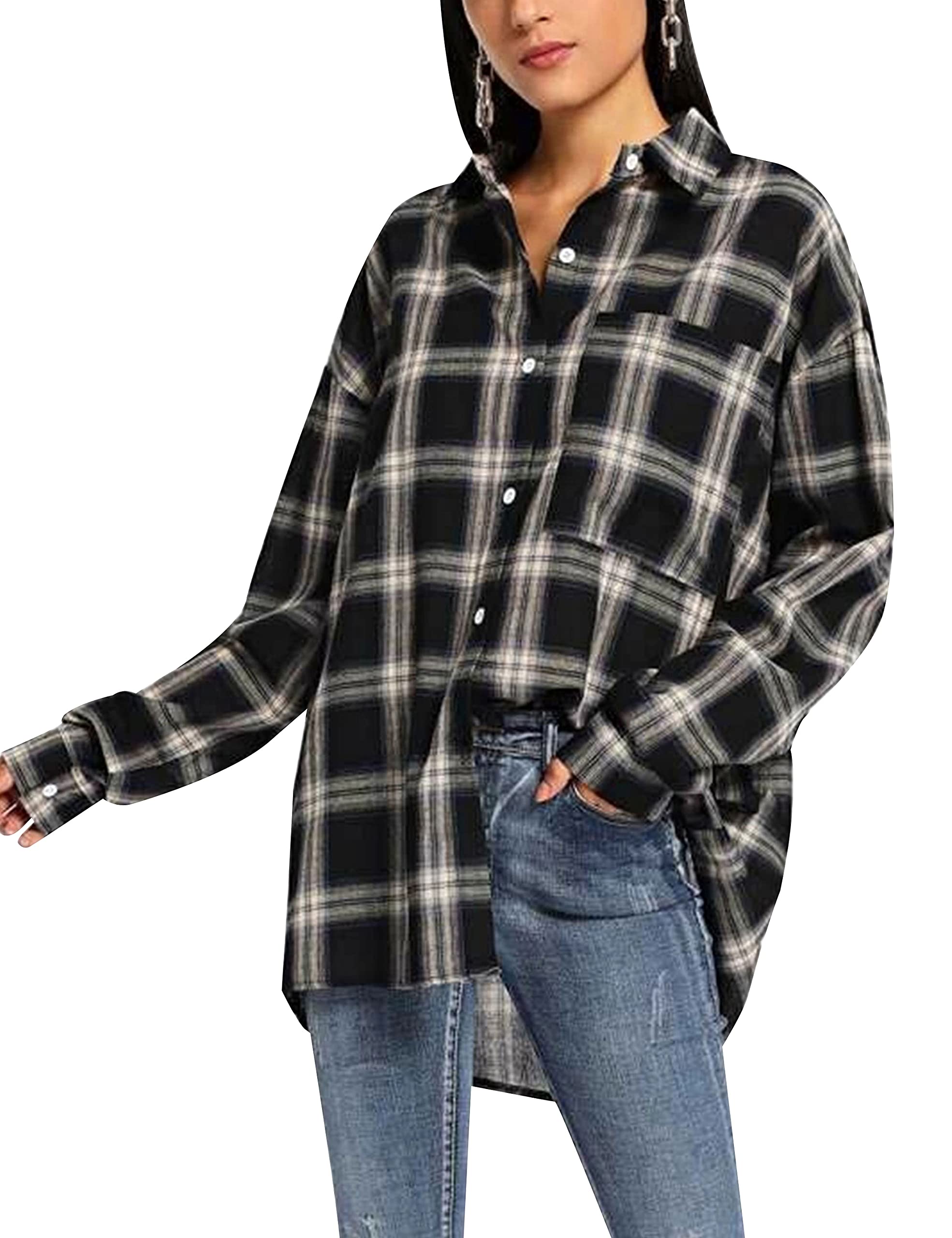 HangNiFang Women's Oversized Flannel Plaid Shirt - Long Sleeve Button Down Blouse for Casual Wear, Layering & Fall Fashion