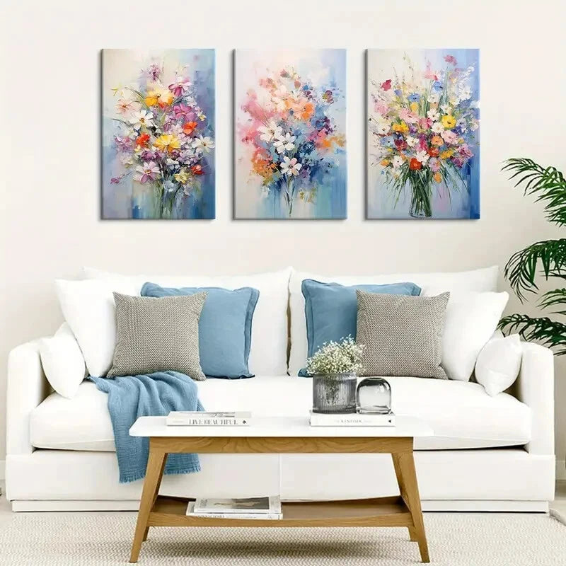 3-Piece Vibrant Abstract Wildflower Metal Wall Art - Ready to Hang Canvas Prints for Living Room, Bedroom & Office Decor - Modern Home & Office Wall Decorations