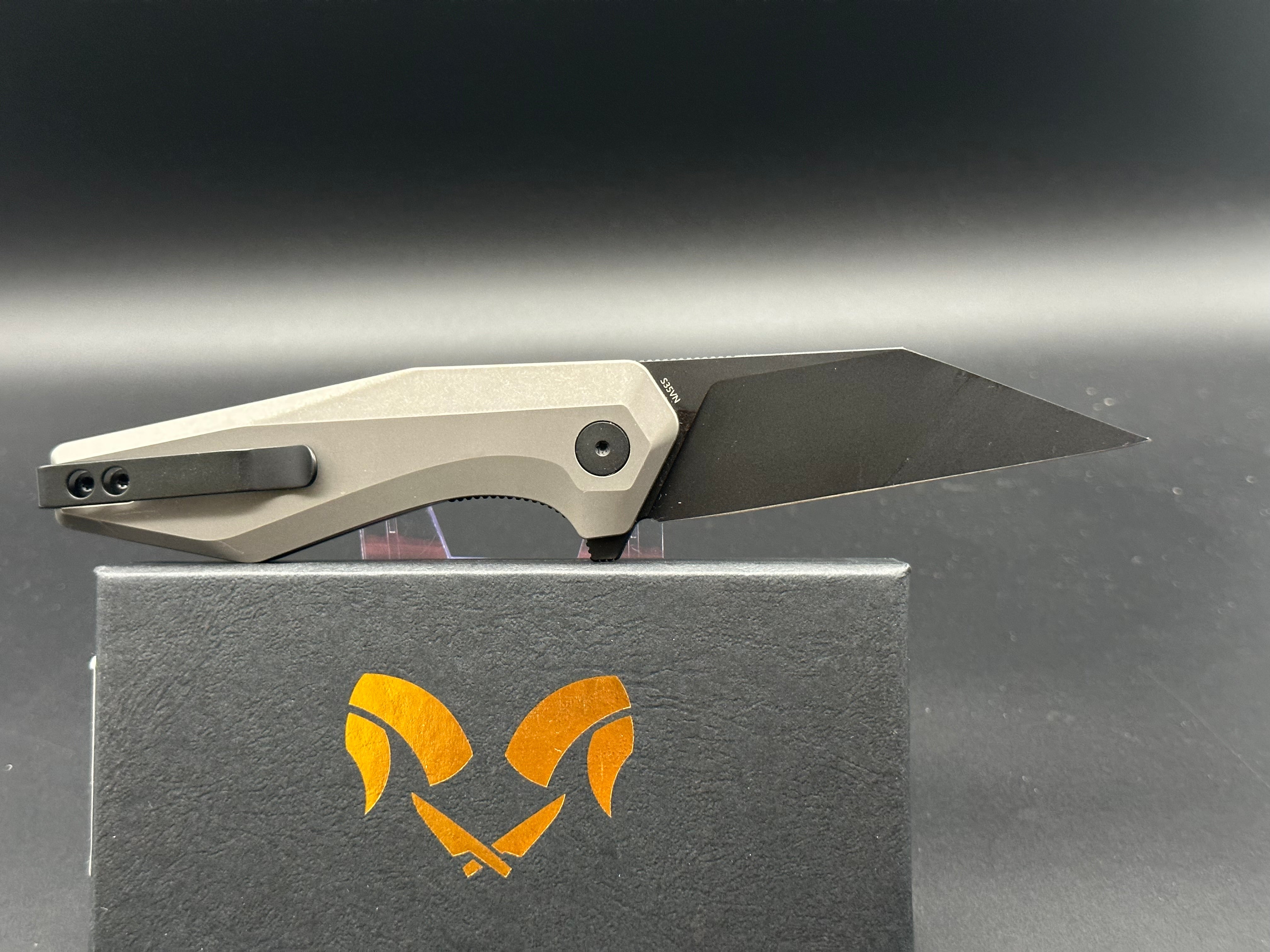 Damned Designs Fenrir Stonewash Titanium Reverse Tanto Knife - Black CPM S35VN Steel Blade - EDC, Outdoor Camping, Survival Gear, Tactical Tool
