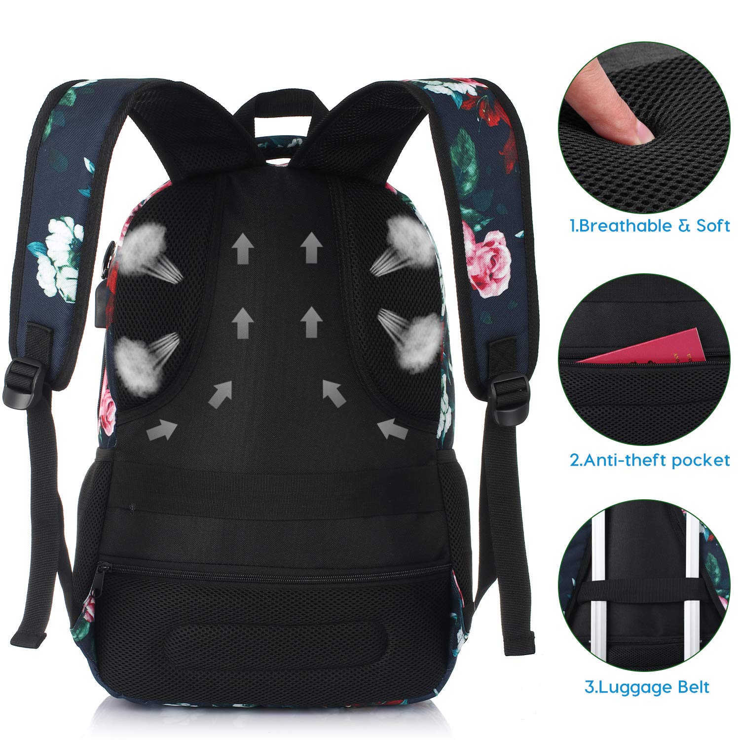 Stylish Waterproof Backpack for Teen Girls & Women - USB Charging Port, Large Capacity School & College Backpack with Floral Design - Perfect for School, Travel, and Daily Commute