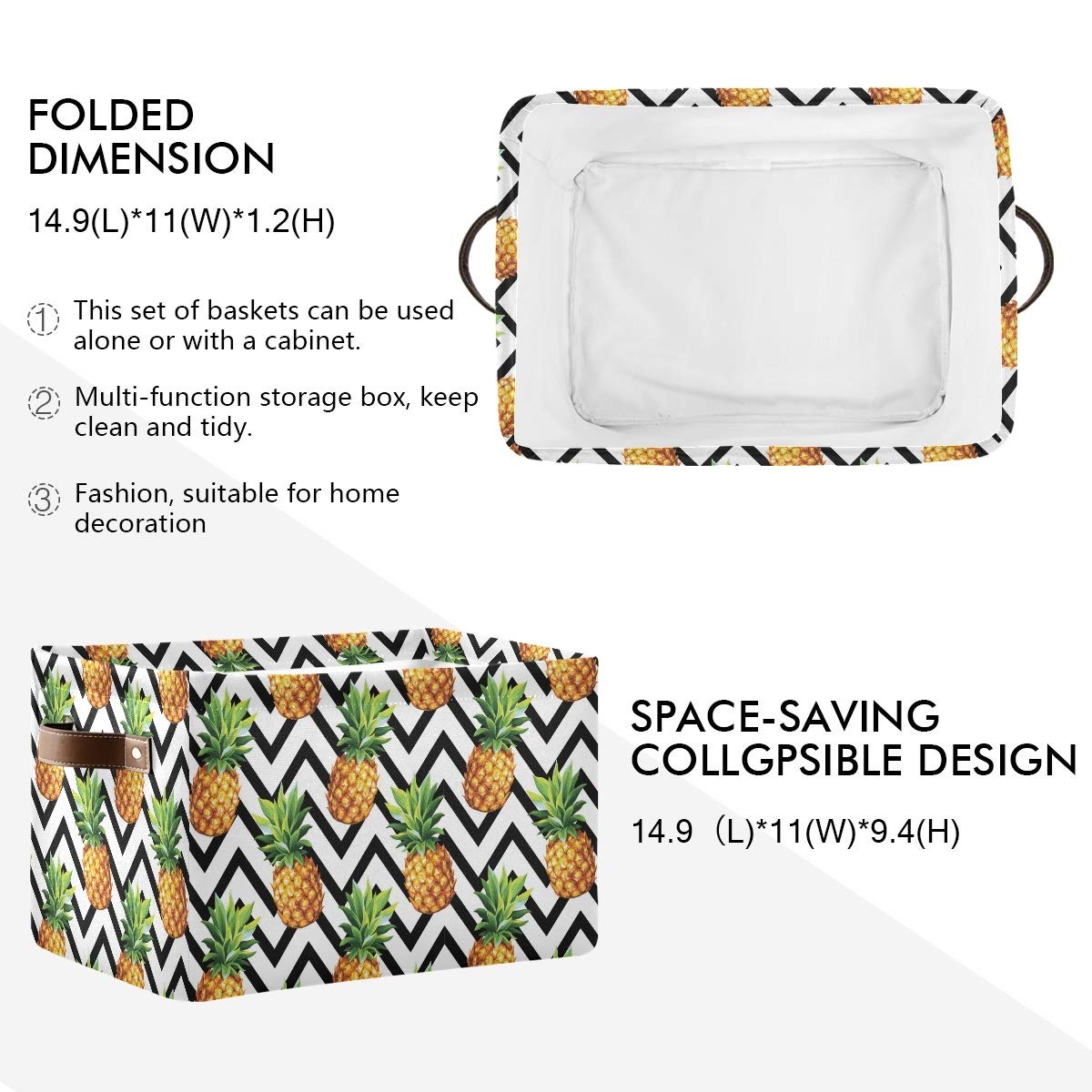 Pineapple Print Large Collapsible Storage Basket Bin - 15