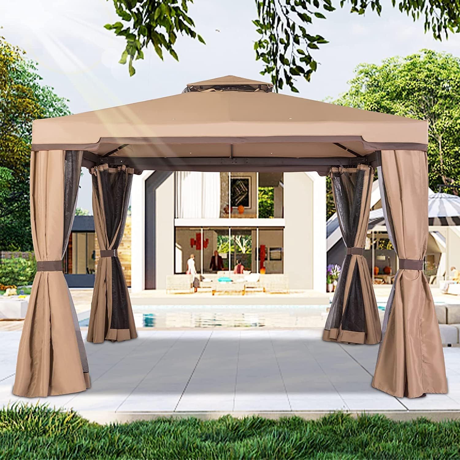 10' x 10' All-Season Permanent Soft-Top Patio Gazebo with Mosquito Netting & Shade Curtains - Brown Outdoor Canopy for Backyard, Garden, and Poolside Relaxation