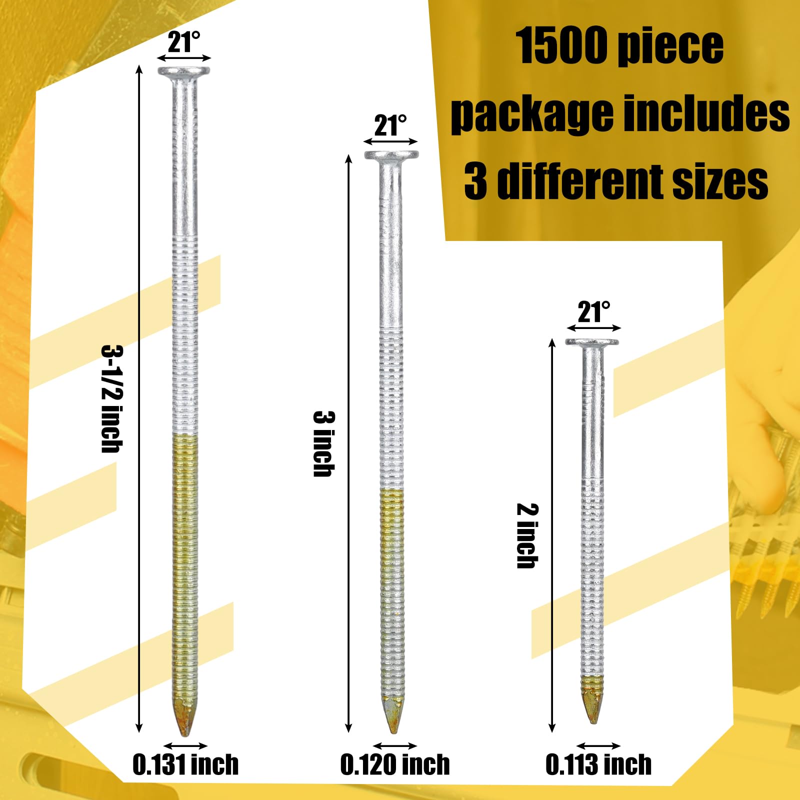 Therwen 1500-Count 21-Degree Galvanized Ring Shank Framing Nails - 2, 3, 3-1/2 Inch Flat D Head Nails for Pressure Treated Lumber - Plastic Row Fixed - Perfect for Roofing, Decking & Fencing Projects