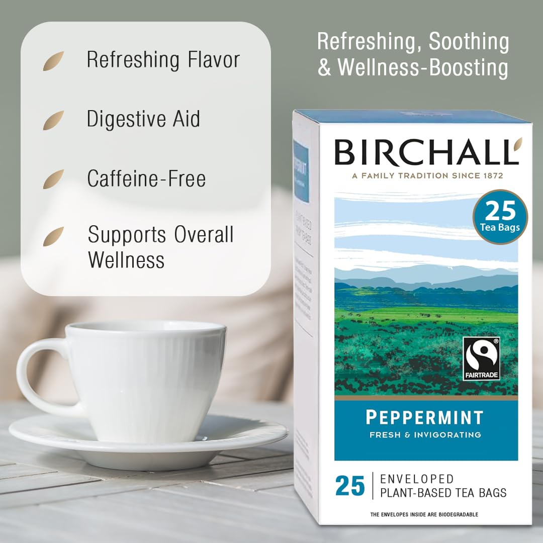 Organic Birchall Peppermint Herbal Tea - 25 Individually Wrapped Tea Bags | Caffeine-Free, Digestive Aid & Stress Relief | Perfect for Afternoon Relaxation or Post-Meal Refreshment