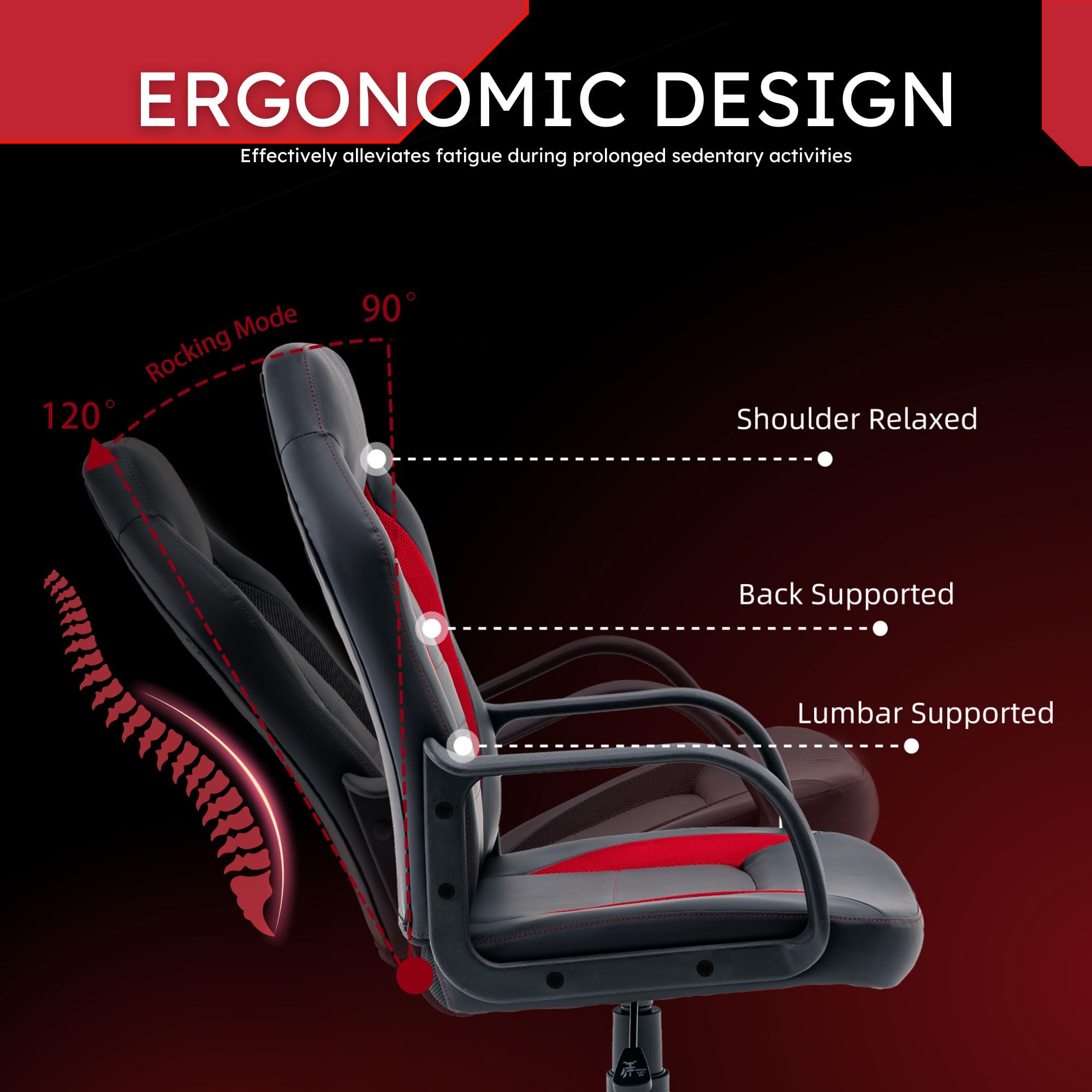 Ergonomic Gaming Chair with Lumbar Support - High Back PU Leather Office Chair for Adults & Teens - Adjustable Swivel Computer Desk Chair for Home, Gaming & Work - Black & Red Racing Style