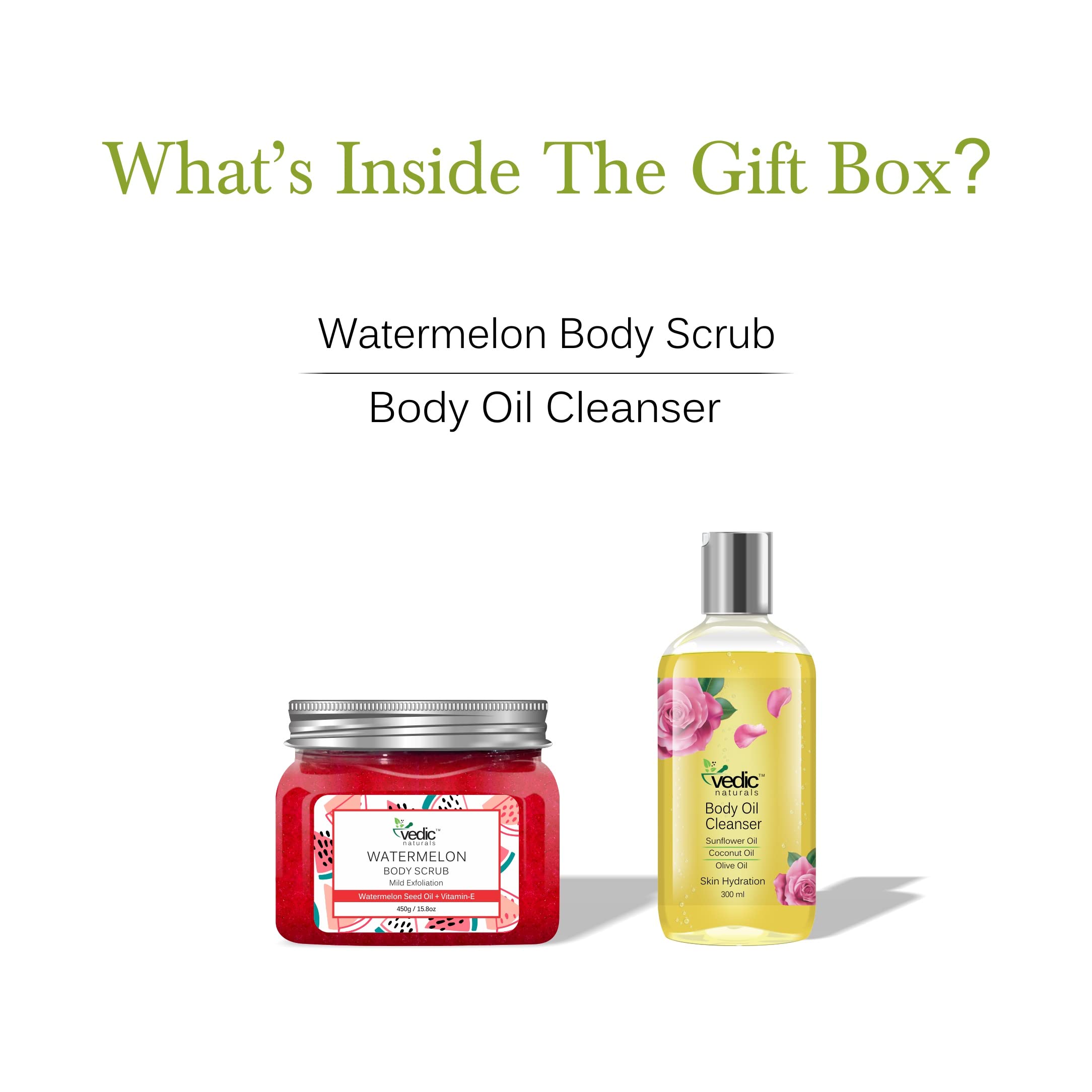 Vedic Naturals Organic Bath Gift Set - 2 Piece Watermelon Body Scrub & Body Oil Cleanser | 100% Natural Skincare for Spa Day & Relaxation | Perfect Self Care & Birthday Present