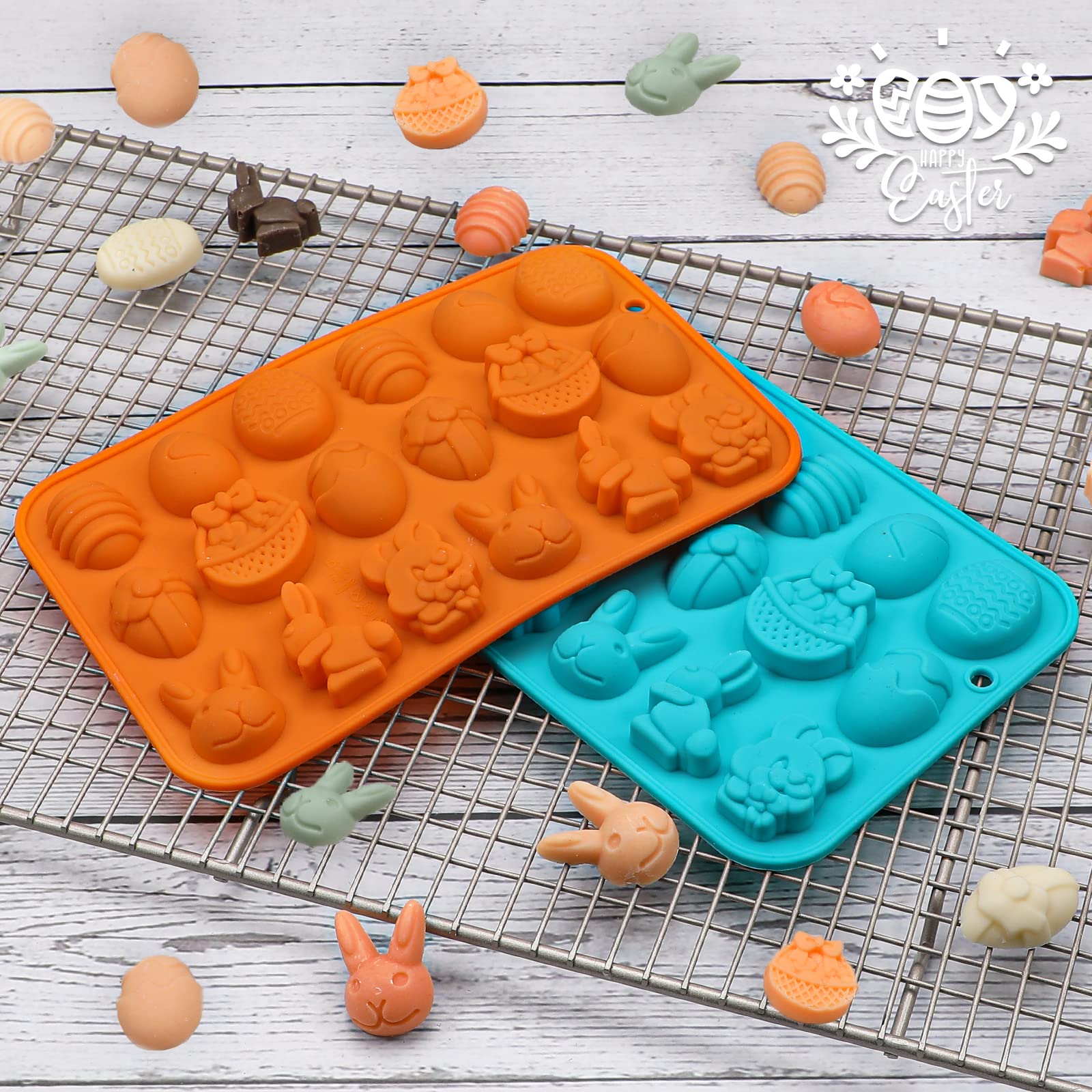 Webake 18-Cavity Silicone Easter Molds - Bunny, Egg & Basket Shapes for Candy, Fondant, Pudding, Jelly, Soap & Cupcake Decorations (Pack of 2) | Perfect for Easter Baking, DIY Crafts & Holiday Party Treats