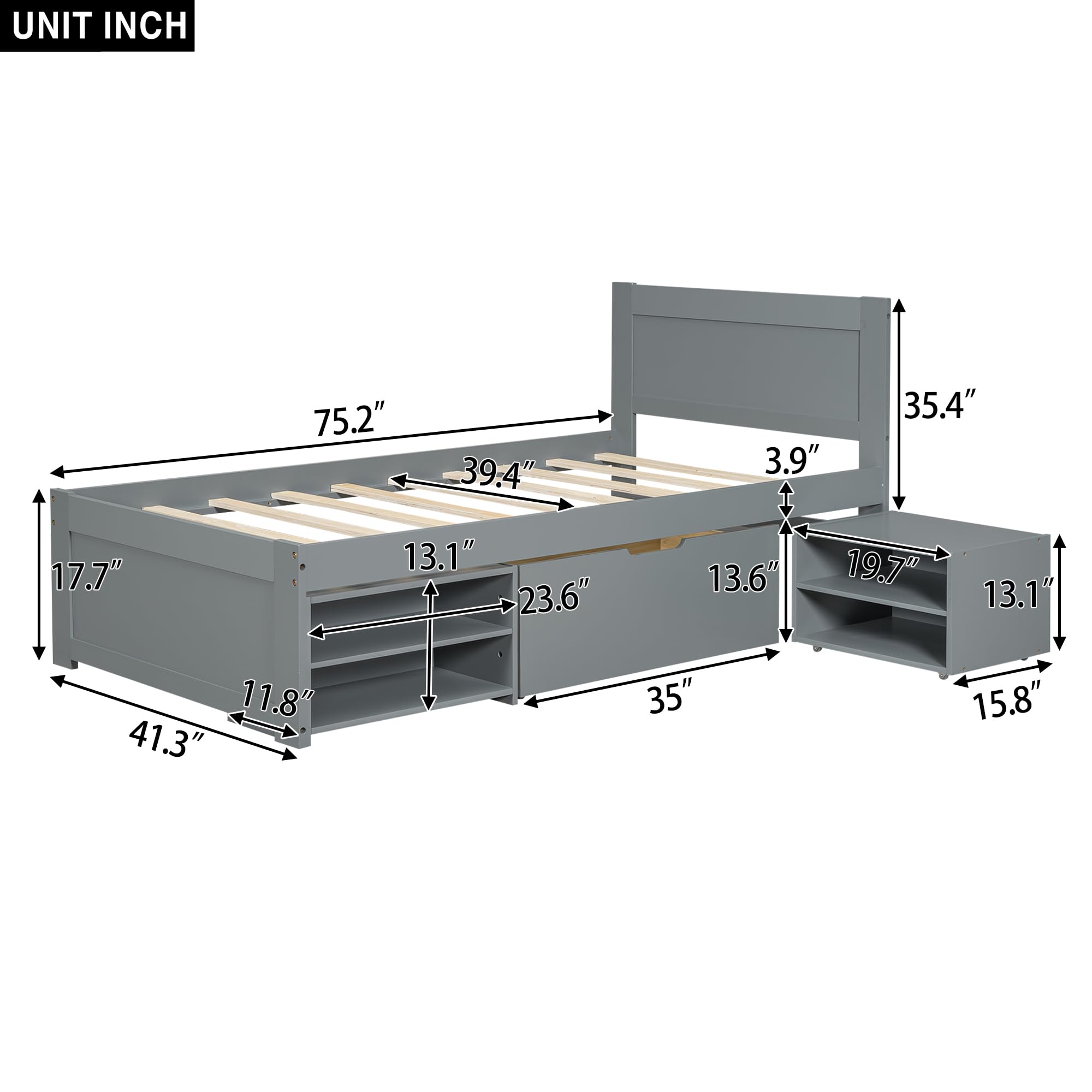 Merax Twin Size Wooden Platform Bed with Storage - Underbed Drawer, Shelves & Rolling Rack for Kids Bedroom - Space-Saving Grey Bed Frame for Boys and Girls | Perfect for Small Rooms, Dorms & Apartments