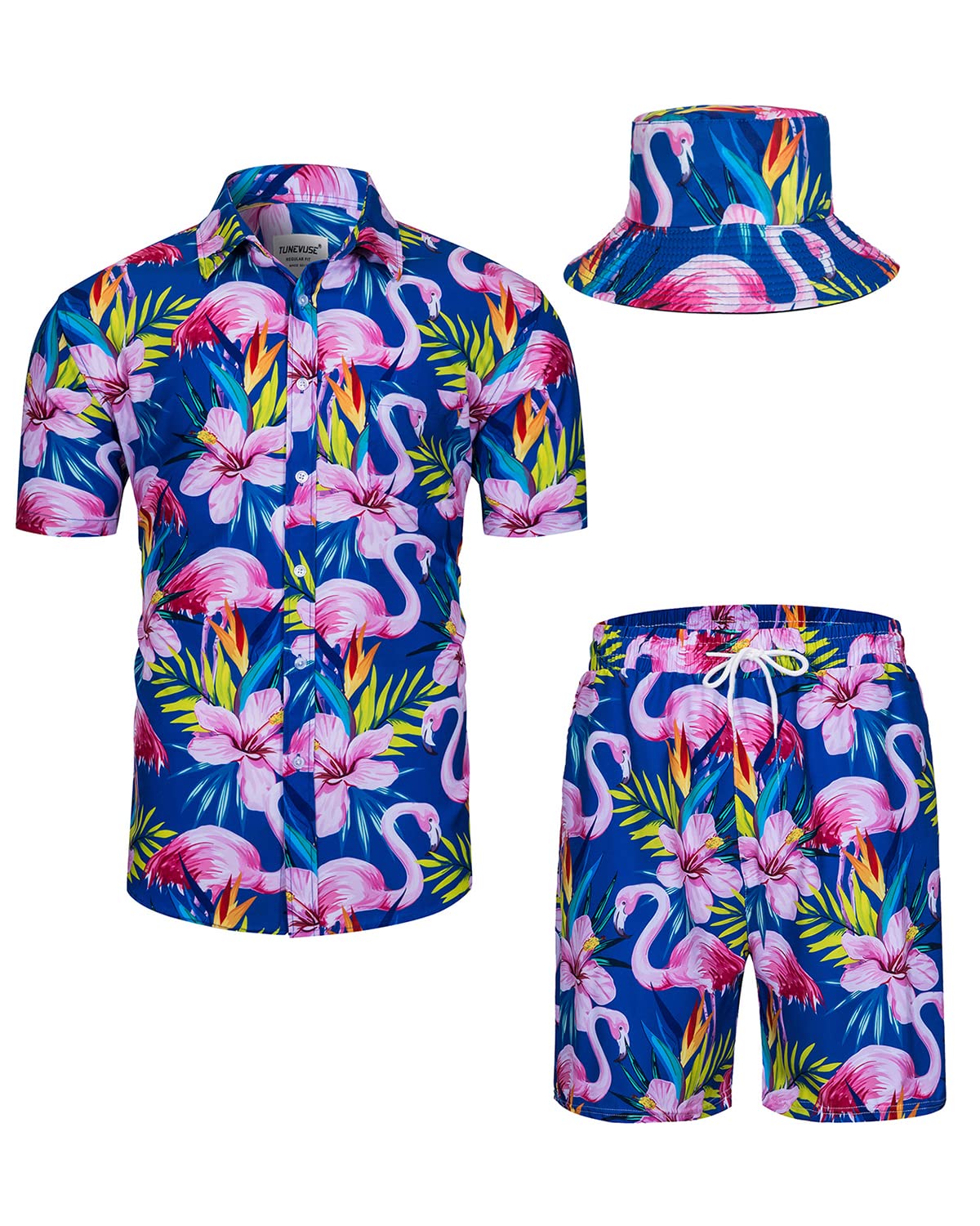 TUNEVUSE Men's Hawaiian Shirt and Shorts Set - 2 Piece Tropical Beach Outfit with Floral Print & Bucket Hat | Summer Vacation, Luau Party, Poolside Relaxation Outfit for Men