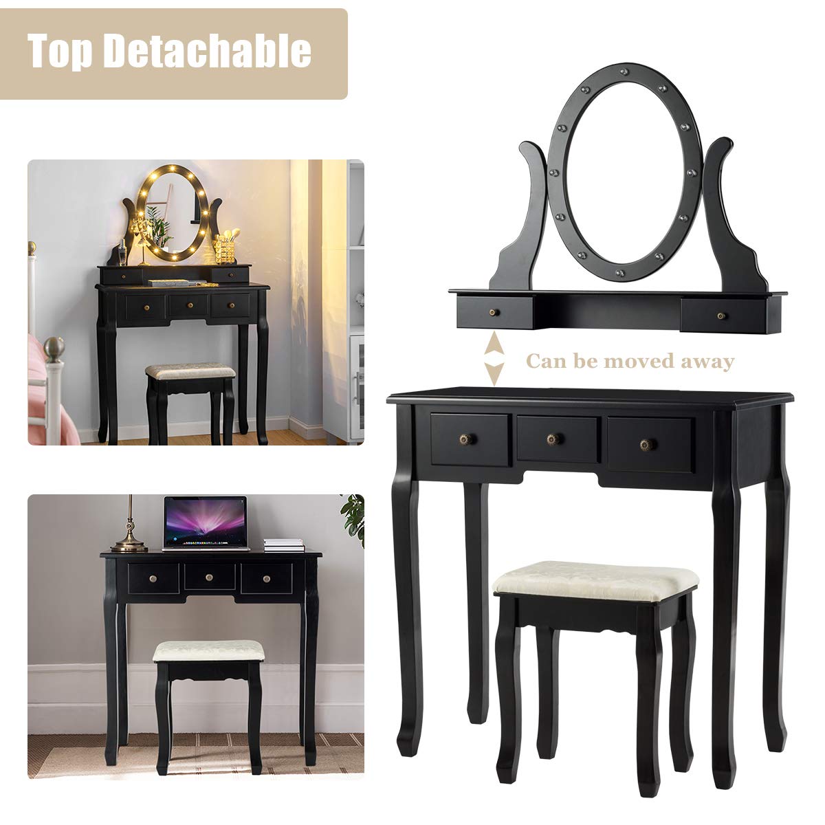 GOFLAME 360° Rotating Oval Makeup Mirror Vanity Set with LED Lights - Dressing Table & Cushioned Stool, 5 Sliding Drawers, Detachable Top - Perfect for Bedroom, Dressing Room, Home Decor (Black) | Ideal for Makeup Application, Skincare Routine & Home Organization