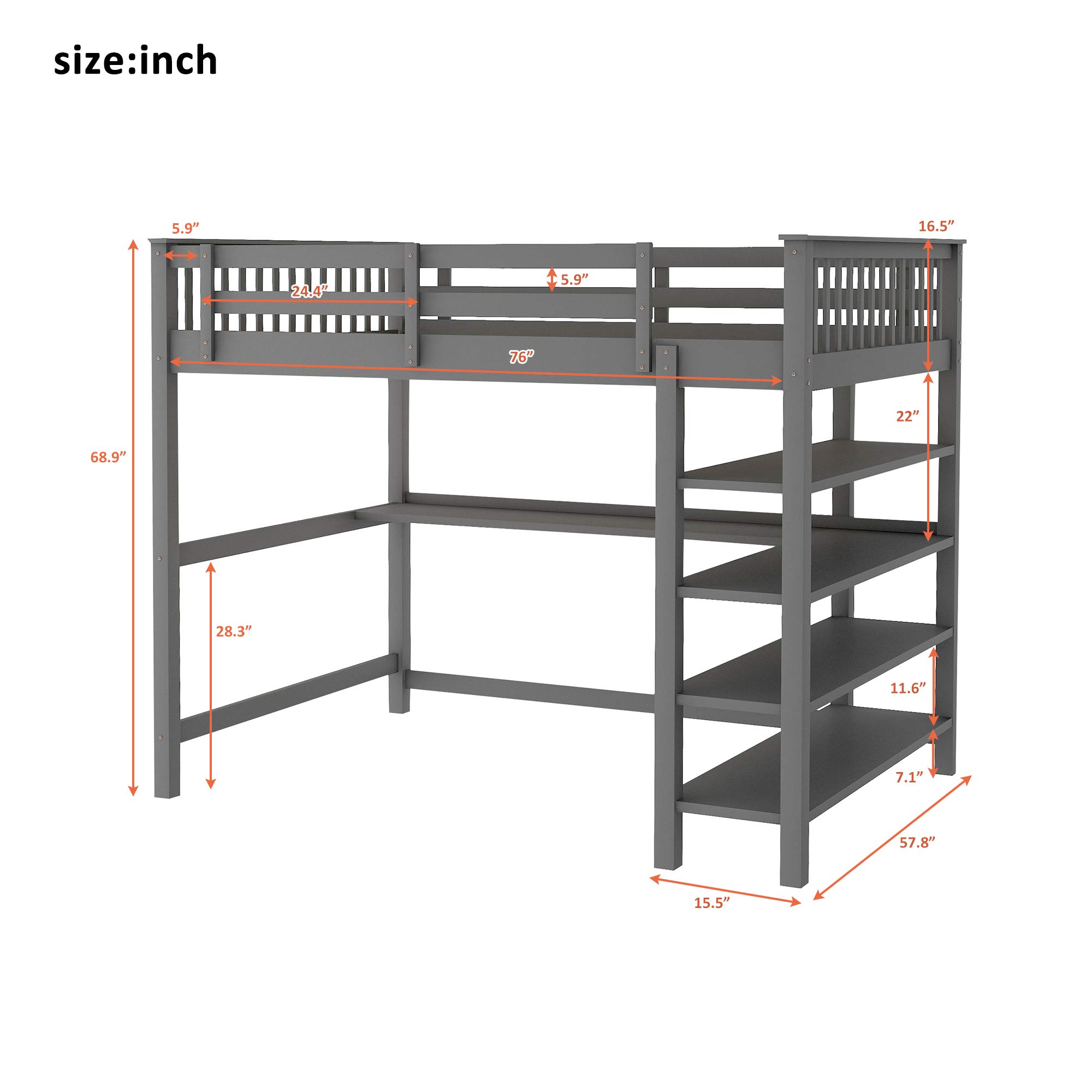 Rubber Wood Loft Bed with Storage Shelves & Desk - Full-Length Guardrail, Space-Saving Kids Bed Frame with Bookcase (Full Size, Gray) - No Box Spring Needed | Perfect for Small Bedrooms, Dorms & Kids' Rooms